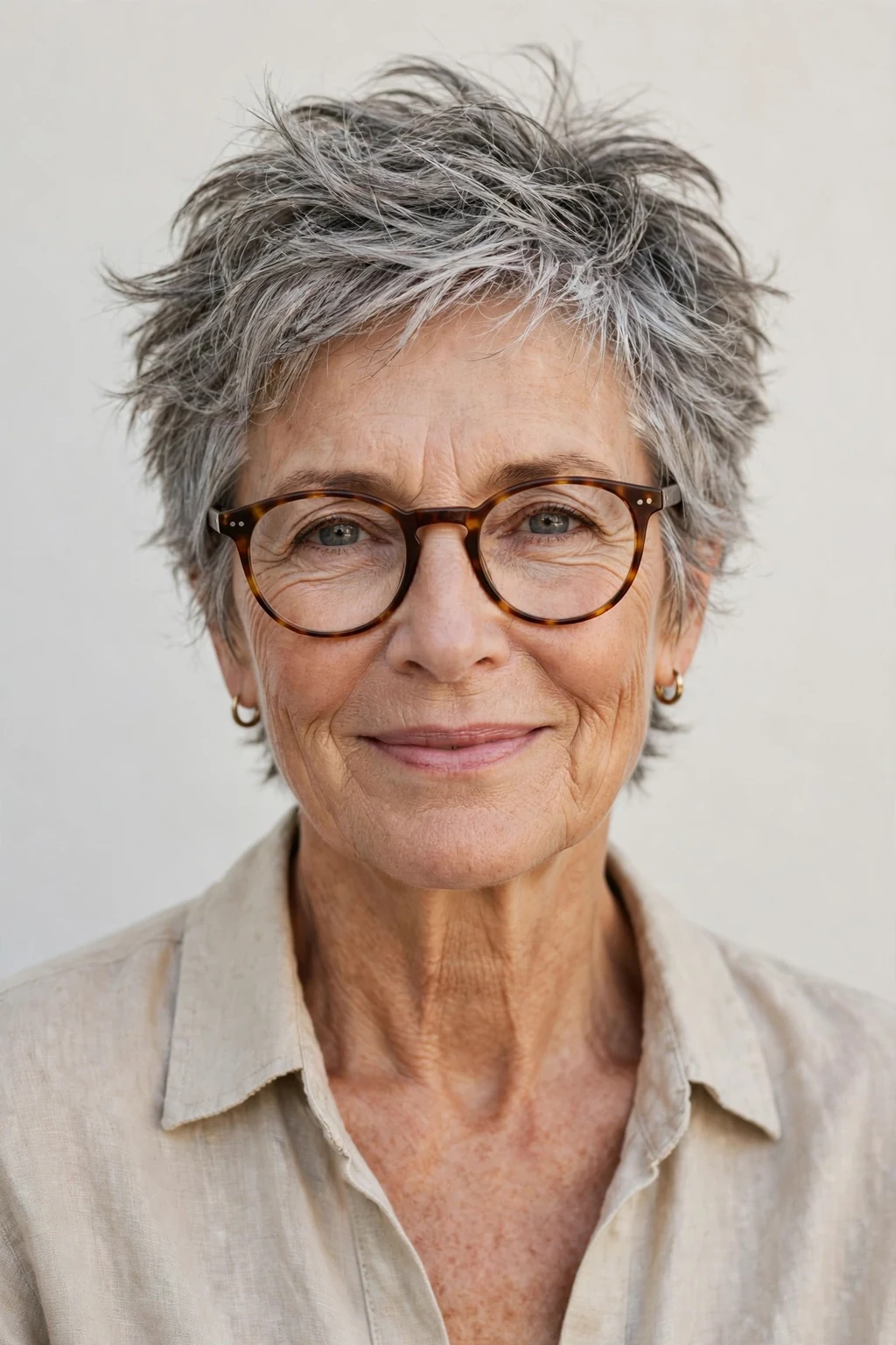 Elegant woman over 60 with glasses and tousled short cut, carefree chic texture, casual light.