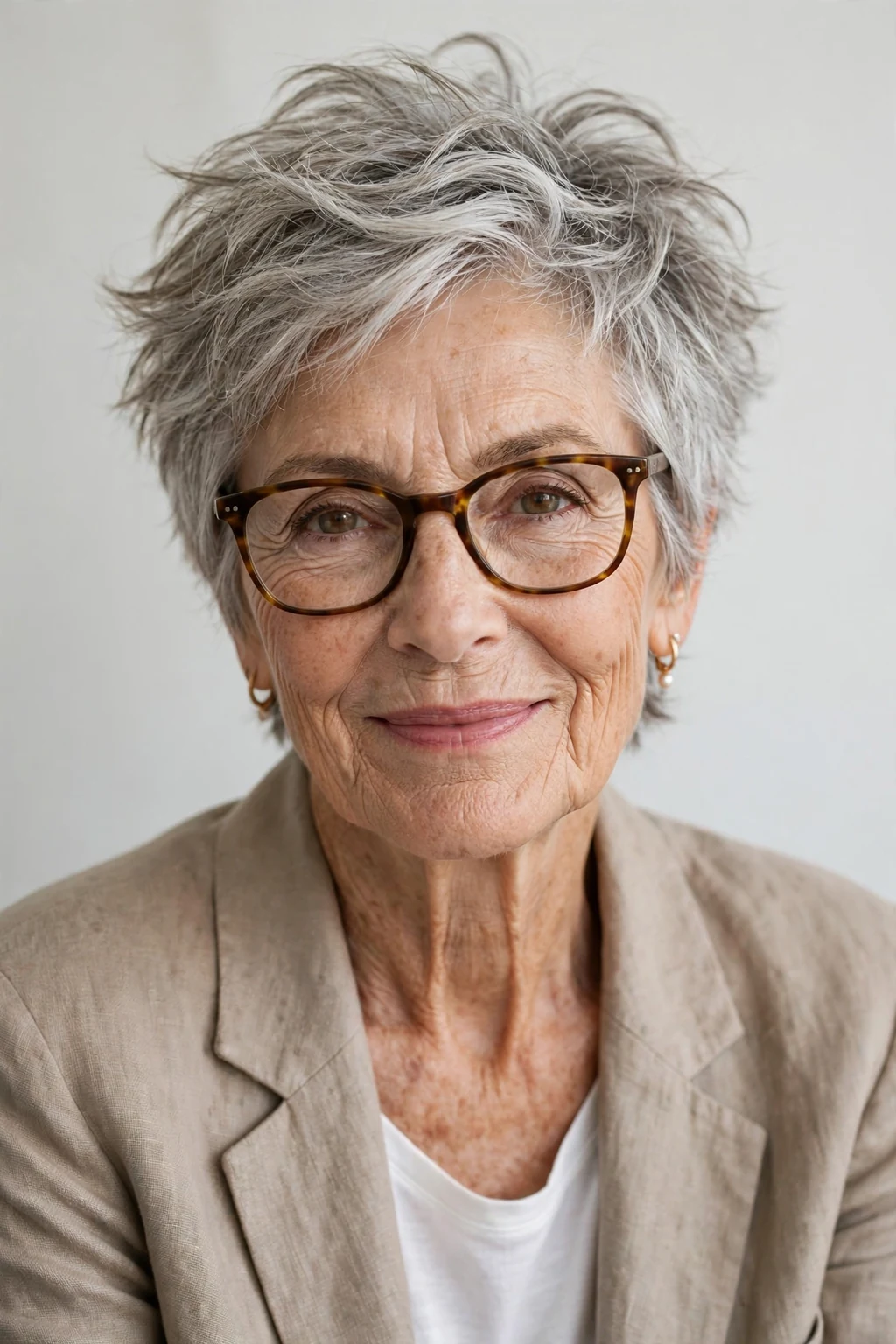 Elegant woman over 70 with glasses and tousled short cut, carefree chic texture, casual light.