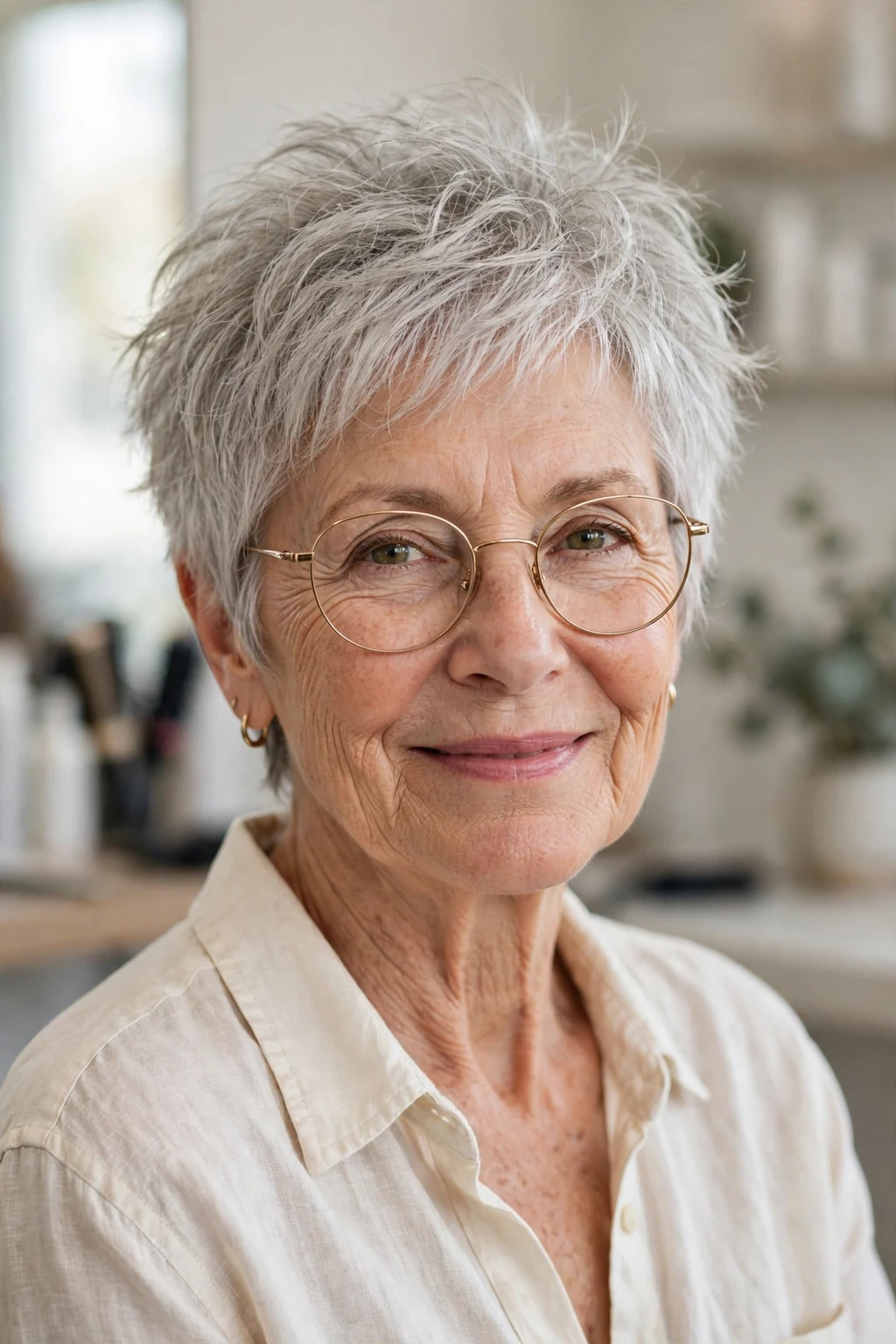 Elegant woman over 60 with fine hair and glasses and tousled short cut, carefree chic texture, casual light.