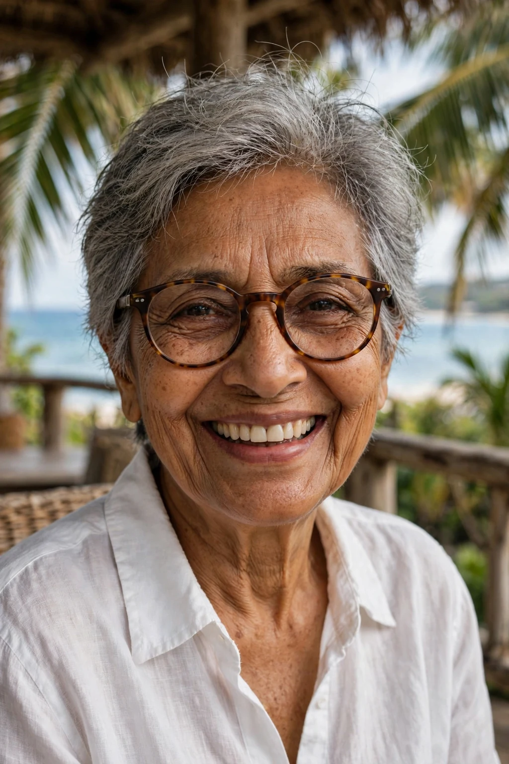 Elegant older woman over 70 with fine hair and glasses and tousled short cut, carefree chic texture, casual light.