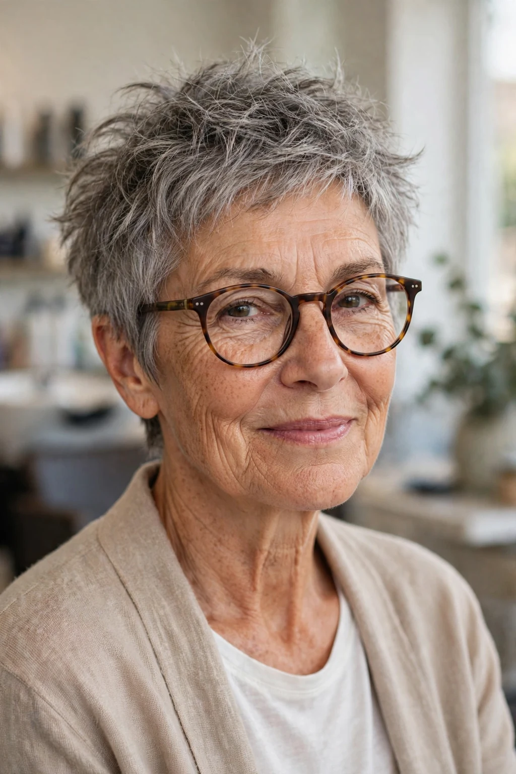 Elegant older woman with glasses and tousled short cut, carefree chic texture, casual light.