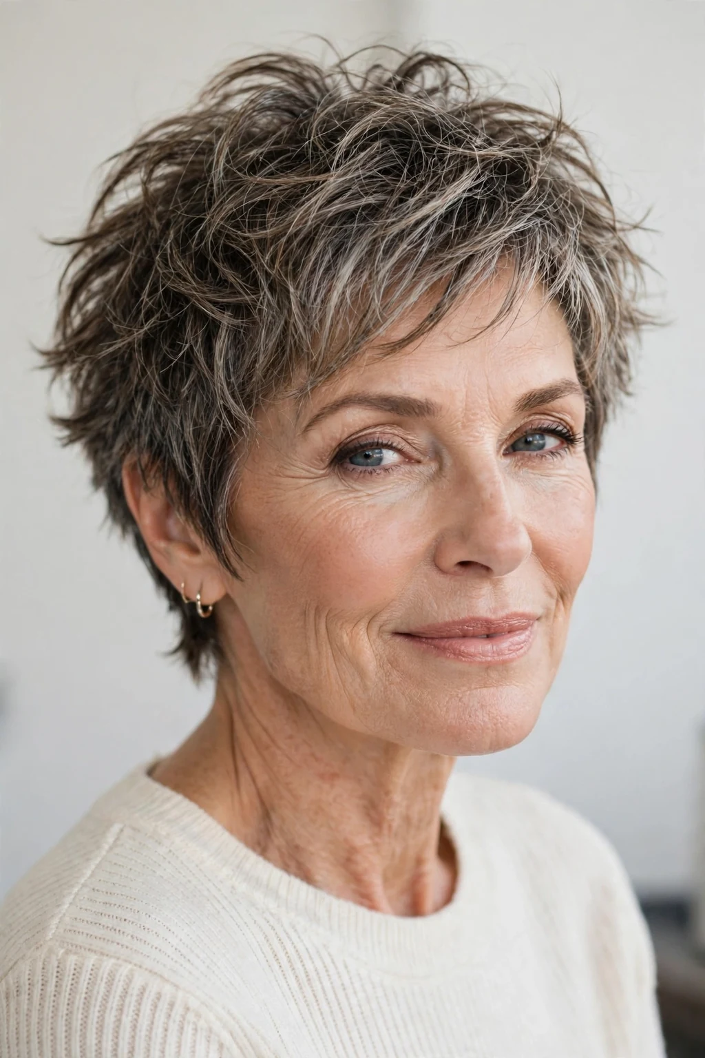 Elegant older woman over 50 with tousled short cut, carefree chic texture, casual light.