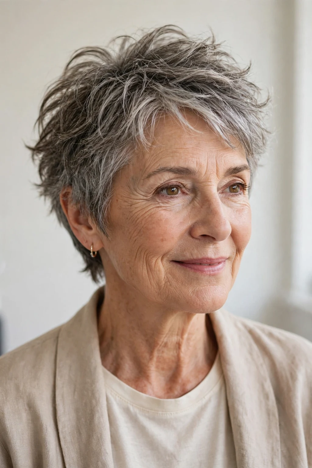 Elegant older woman over 60 with tousled short cut, carefree chic texture, casual light.