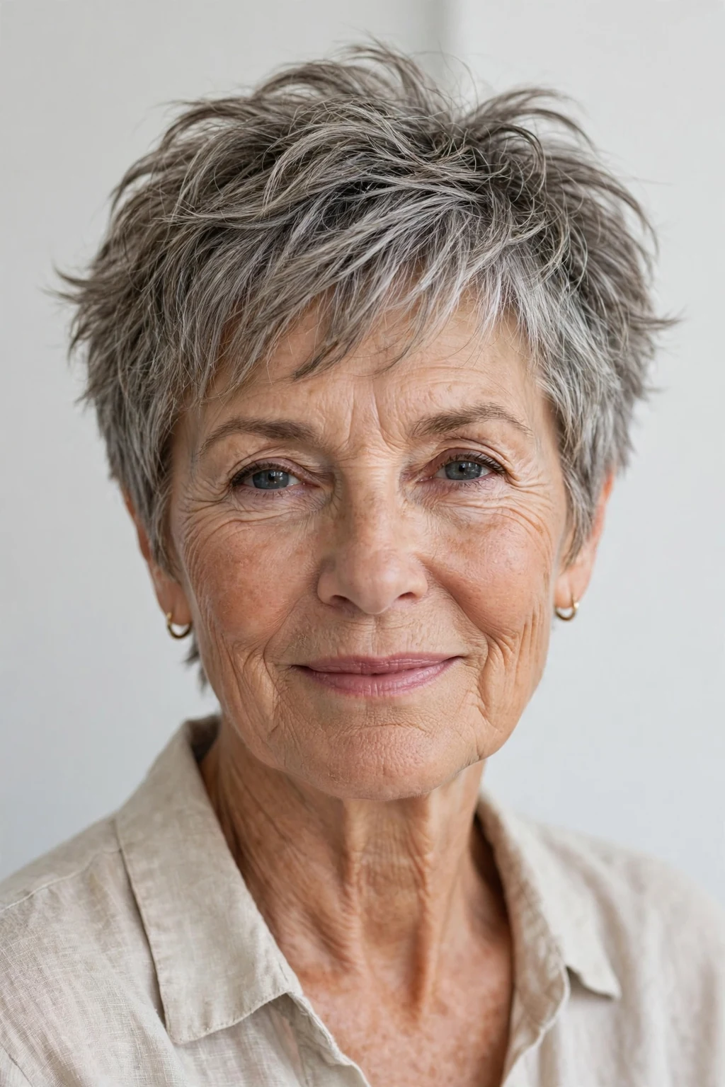 Elegant older woman with tousled short cut, carefree chic texture, casual light.