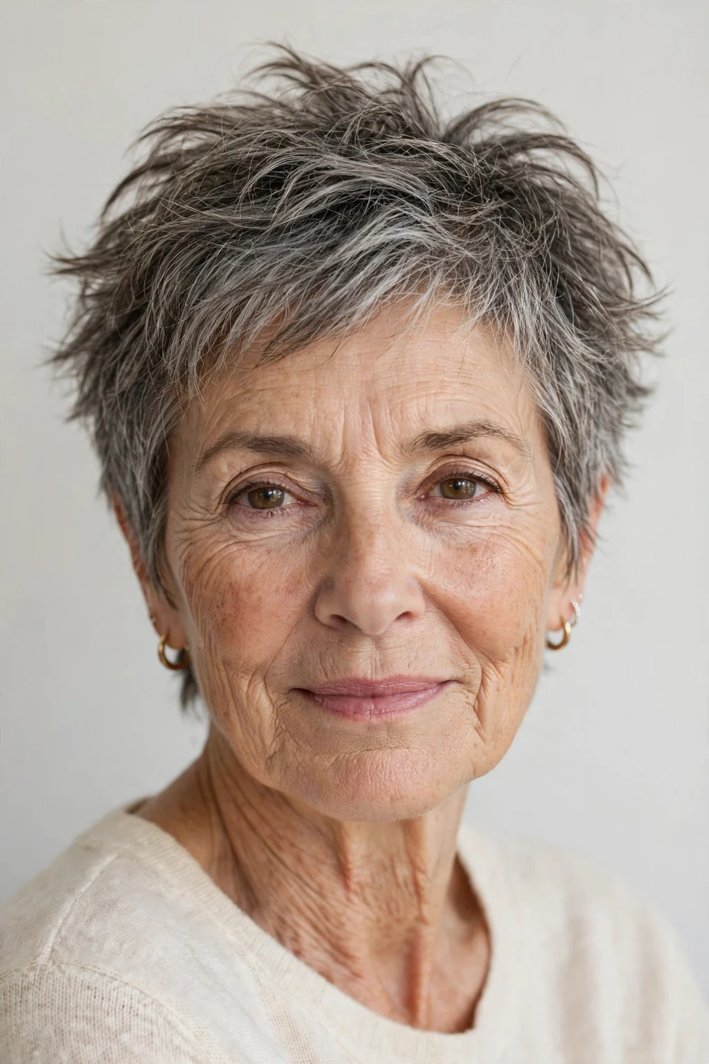 Elegant woman over 60 with tousled short cut, carefree chic texture, casual light.