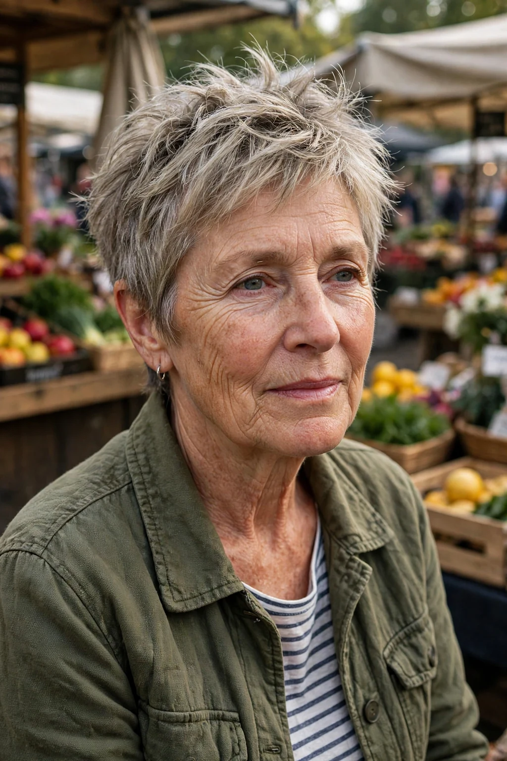 An older woman with a tousled short pixie, wearing a olive-green jacket at a weekend market.