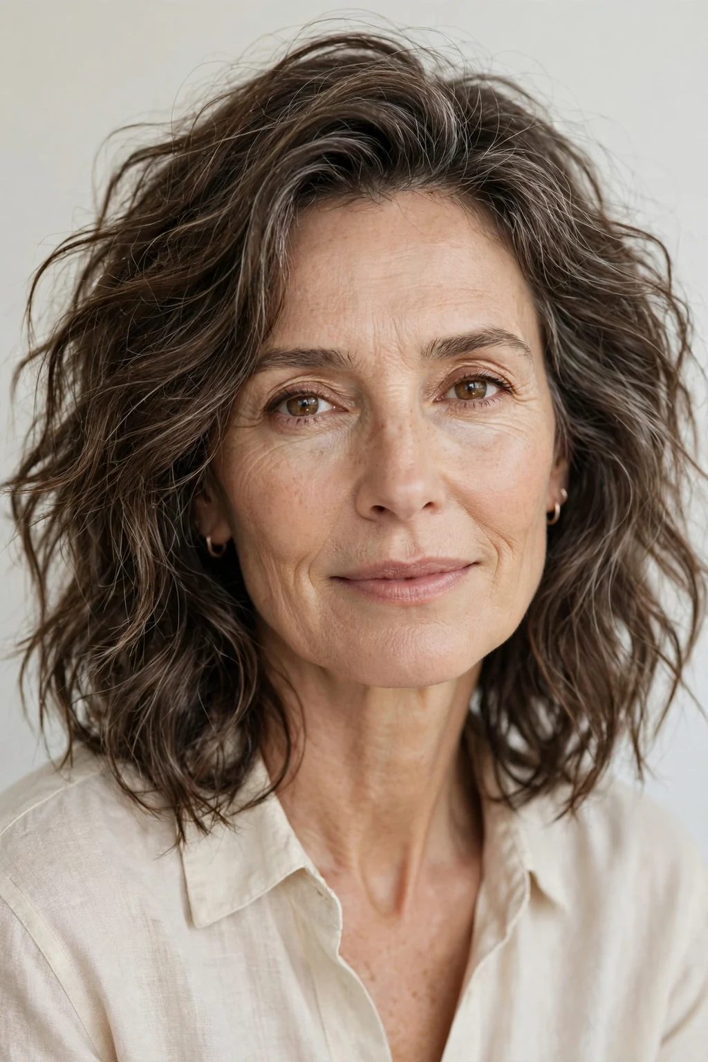 Elegant older woman with tousled shoulder waves, effortless natural texture, relaxed light.