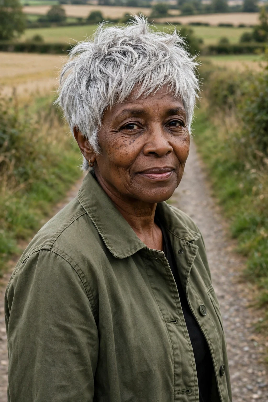 A woman in her early 60s with a tousled silver pixie cut, wearing a olive green jacket on a countryside walk.