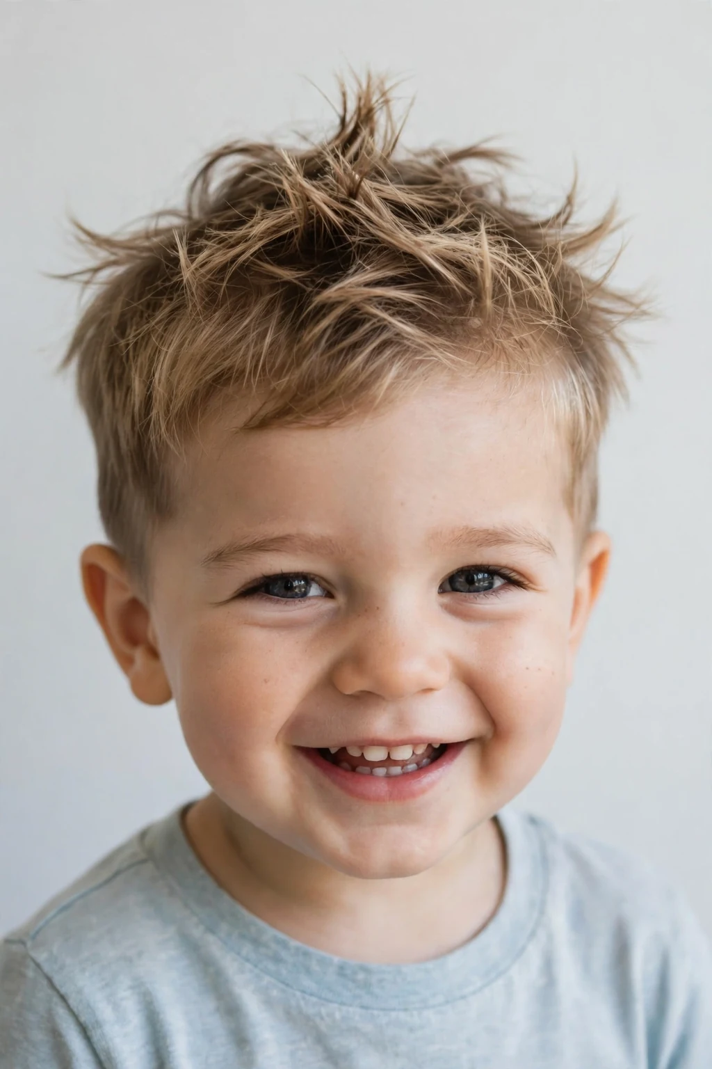 Cheerful toddler boy with tousled textured hair on top, playful bedhead look, bright natural light.