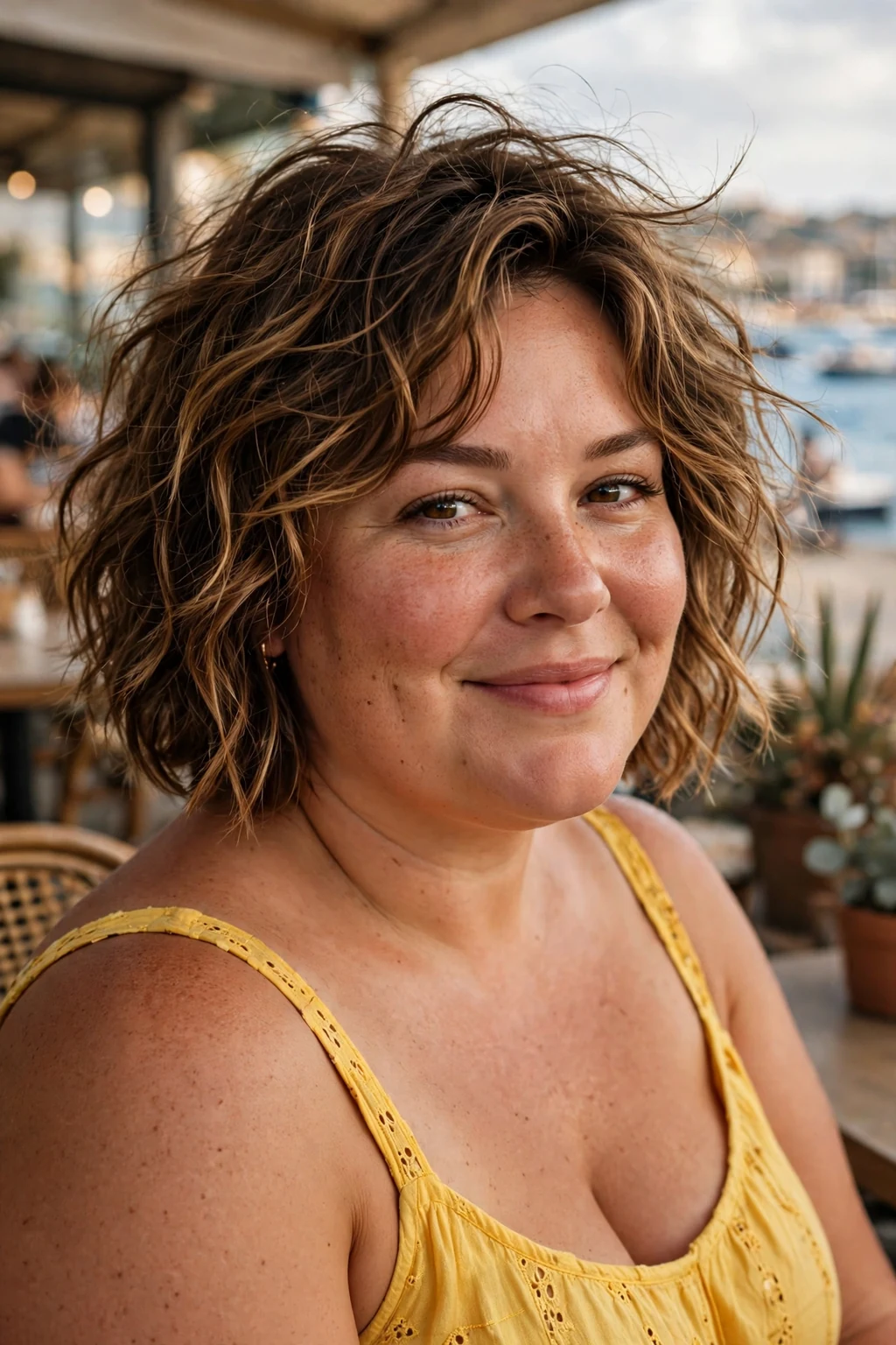 Plus-size woman in her thirties with a tousled wavy bob, wearing a yellow sundress in a seaside cafe.