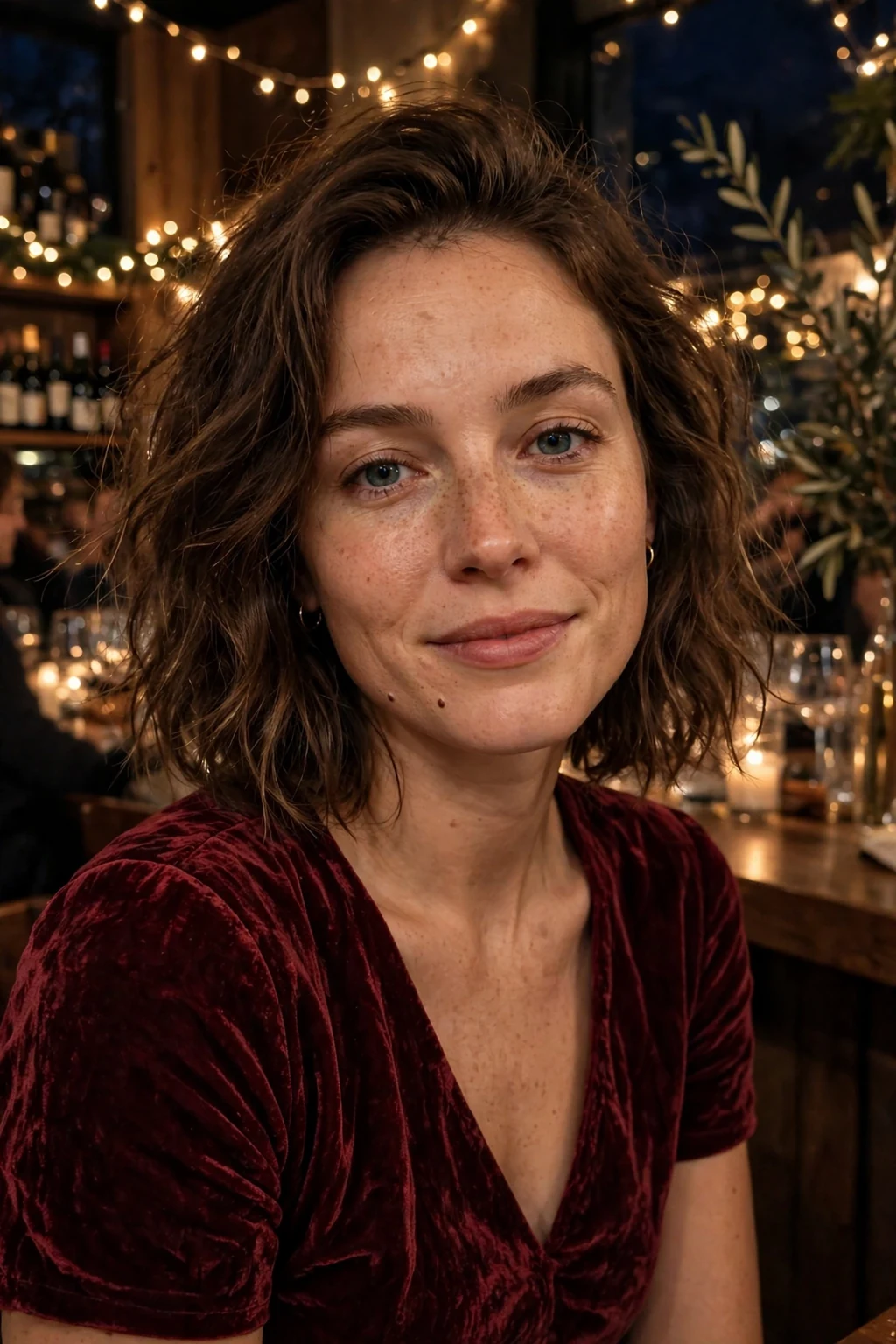 Young Australian woman with a tousled wavy lob wearing a burgundy velvet mini dress at a wine bar.