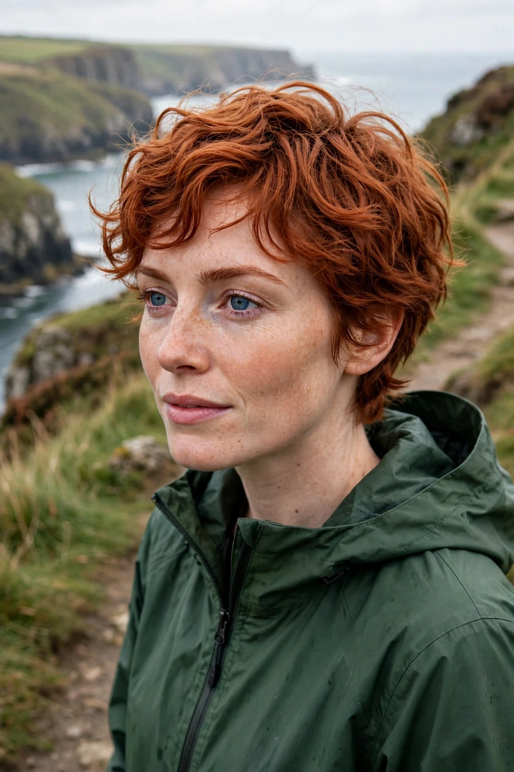 Young woman with a tousled wavy pixie cut and textured waves on top.
