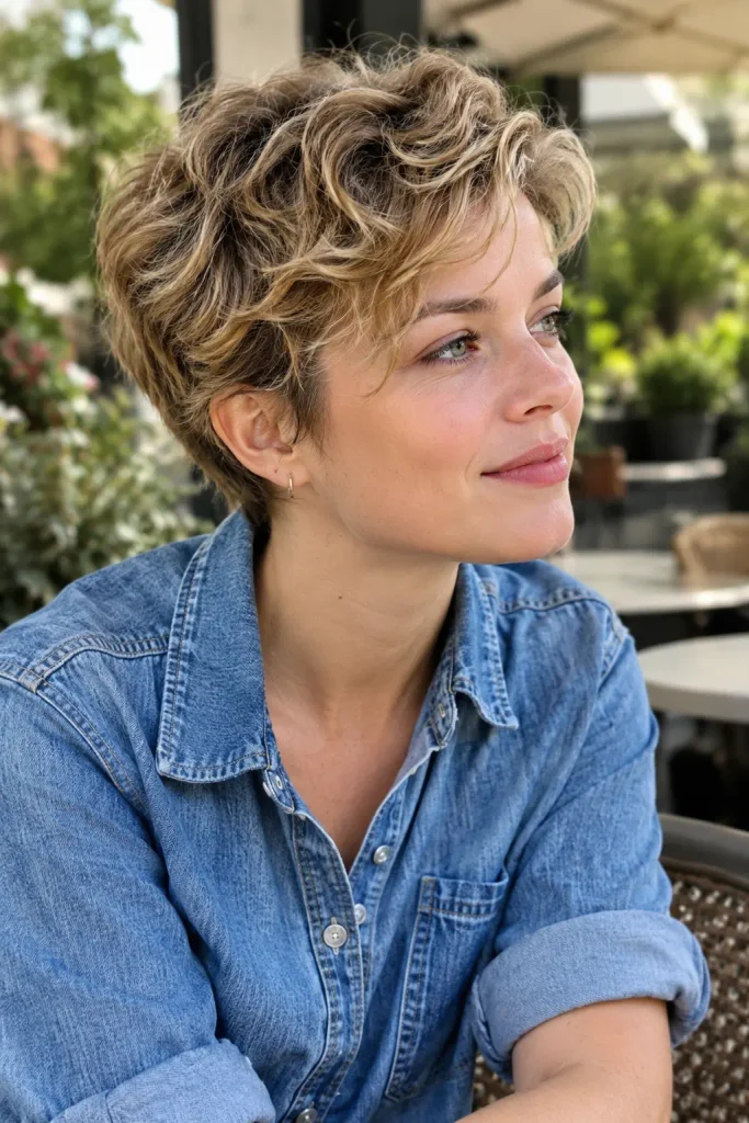 Feminine Pixie Haircuts with tousled natural waves and softly tapered sides