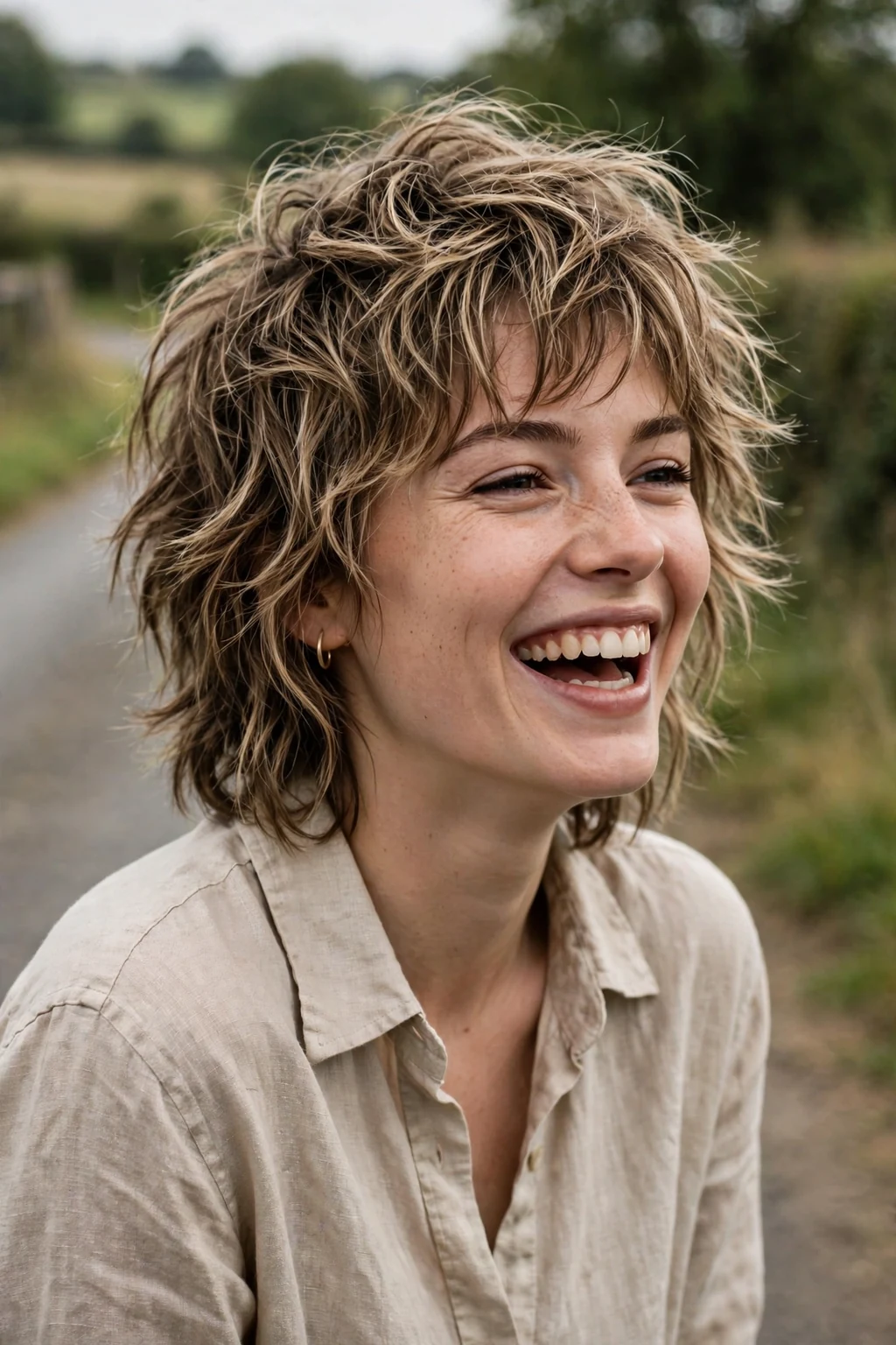 Beautiful woman with tousled wolf cut, carefree tousled wolf, casual light.