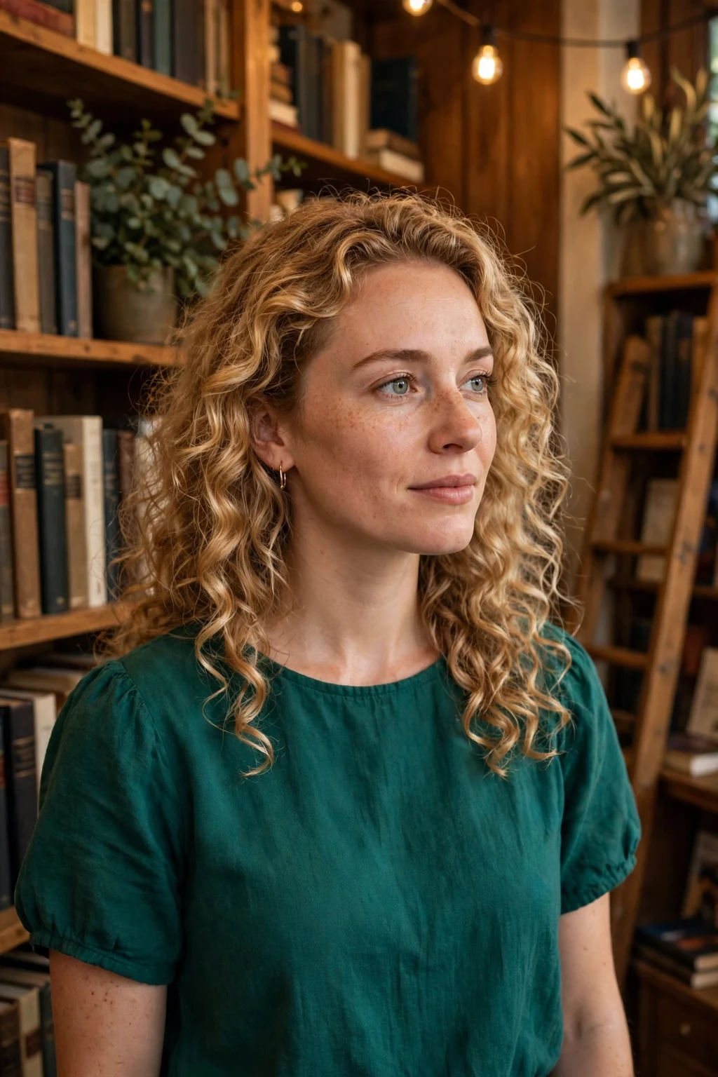 Young woman with golden curls wearing an emerald top in a warm bookshop.