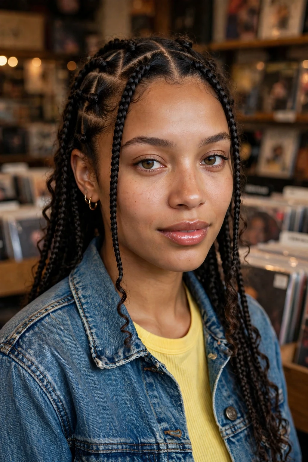 Young woman with triangle-part knotless braids, at a record store wearing a denim jacket over a yellow top.