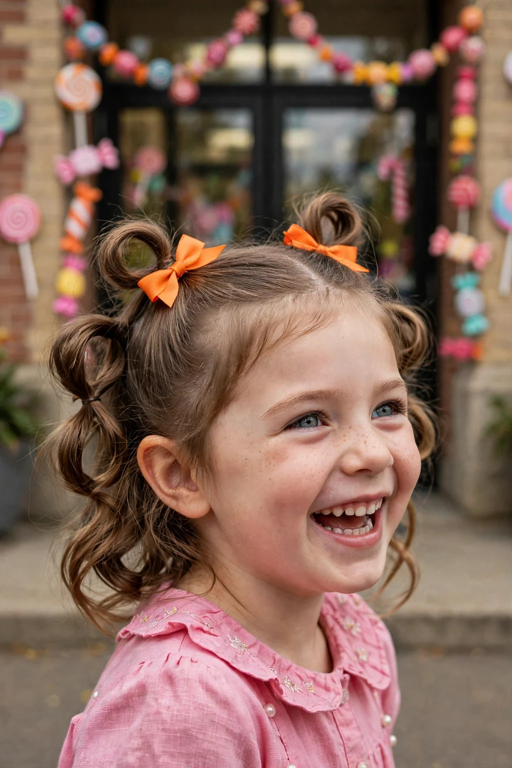 A girl with topsy-turvy looped pigtails and orange bows, in a school entrance with candy decorations.