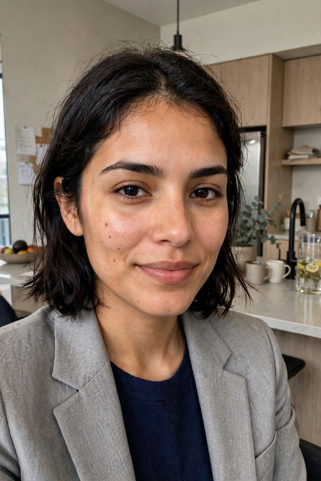 Young professional woman with a tucked lob with centre part hairstyle, wearing professional attire in an office setting.