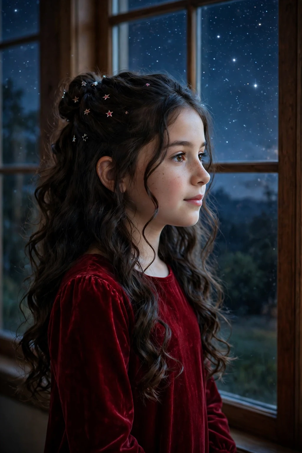 A young girl with a twinkling star half-updo with star clips and soft curls falling down.