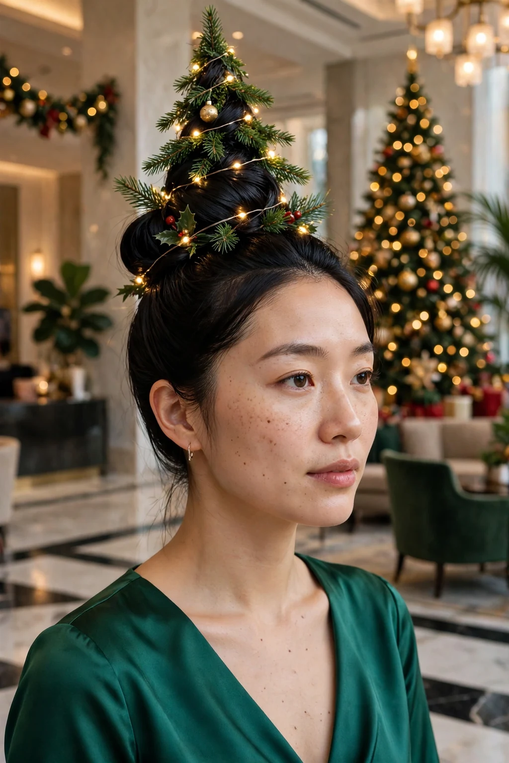 Young woman with twinkling topiary bun hairstyle, festive holiday look.