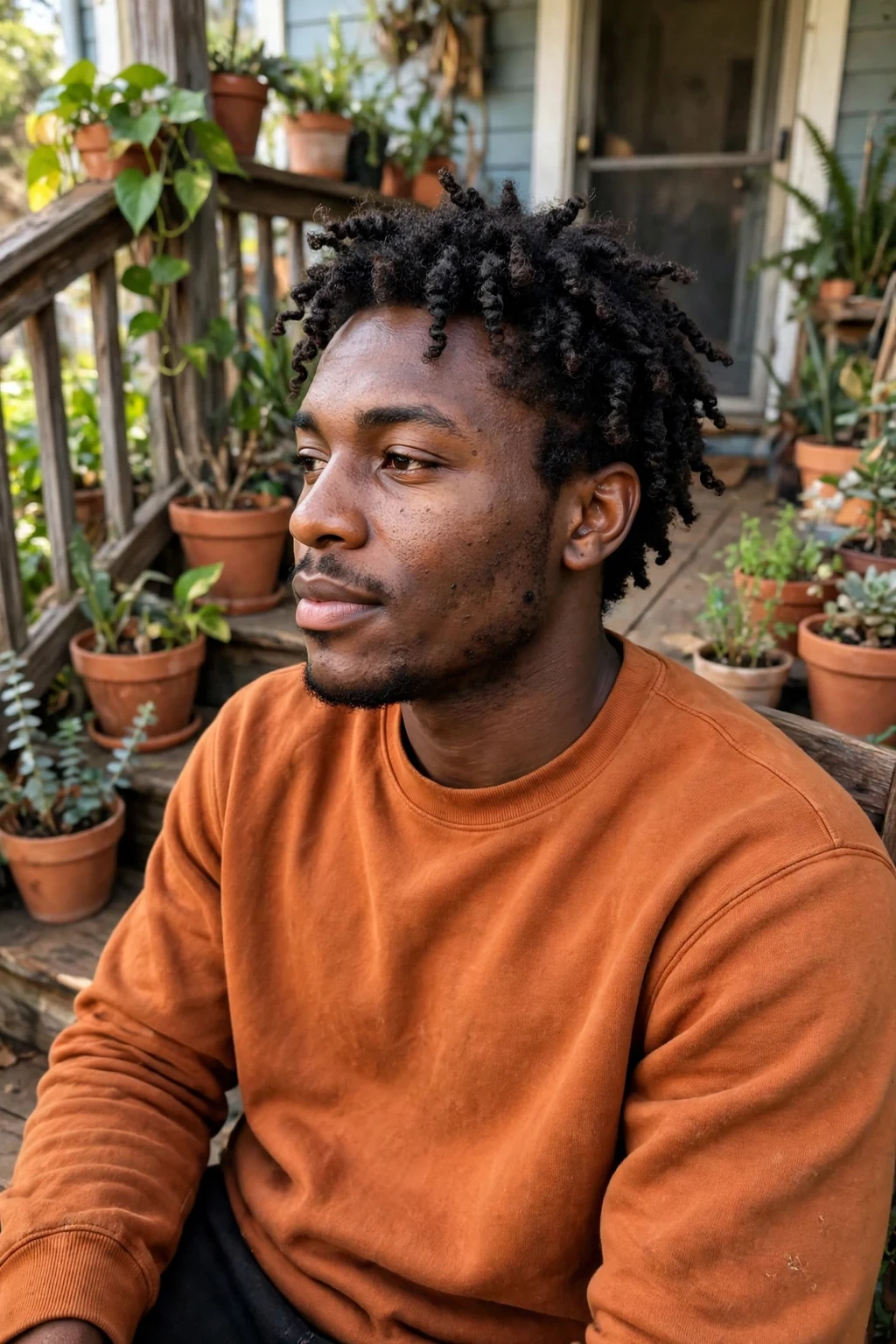 A man with twist-out curls, defined twisted curl sections with a soft textured finish.