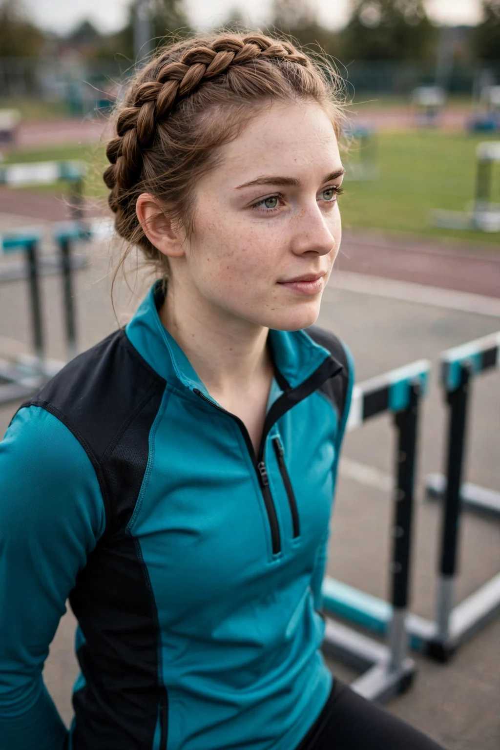 A young woman athlete with a twisted crown braid on a track.