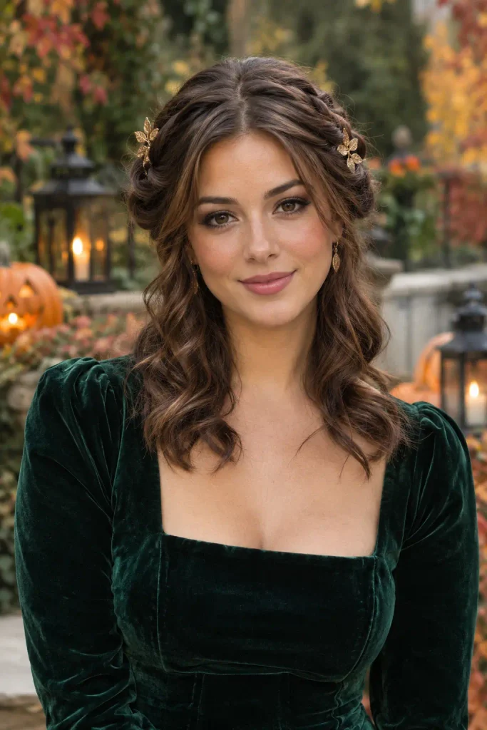 Photorealistic young woman with chocolate-brown twisted crown hairstyle, loose waves, and bronze leaf hairpins, wearing a dark green velvet dress in an autumn garden with Halloween lanterns.