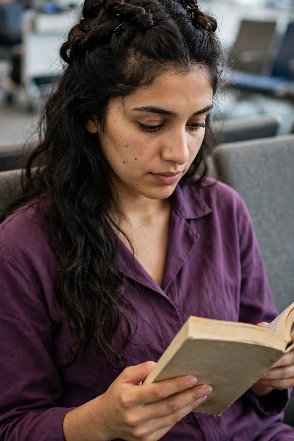 Young Middle Eastern woman with a twisted crown half-up hairstyle reading in an airport lounge, wearing a plum jumpsuit.