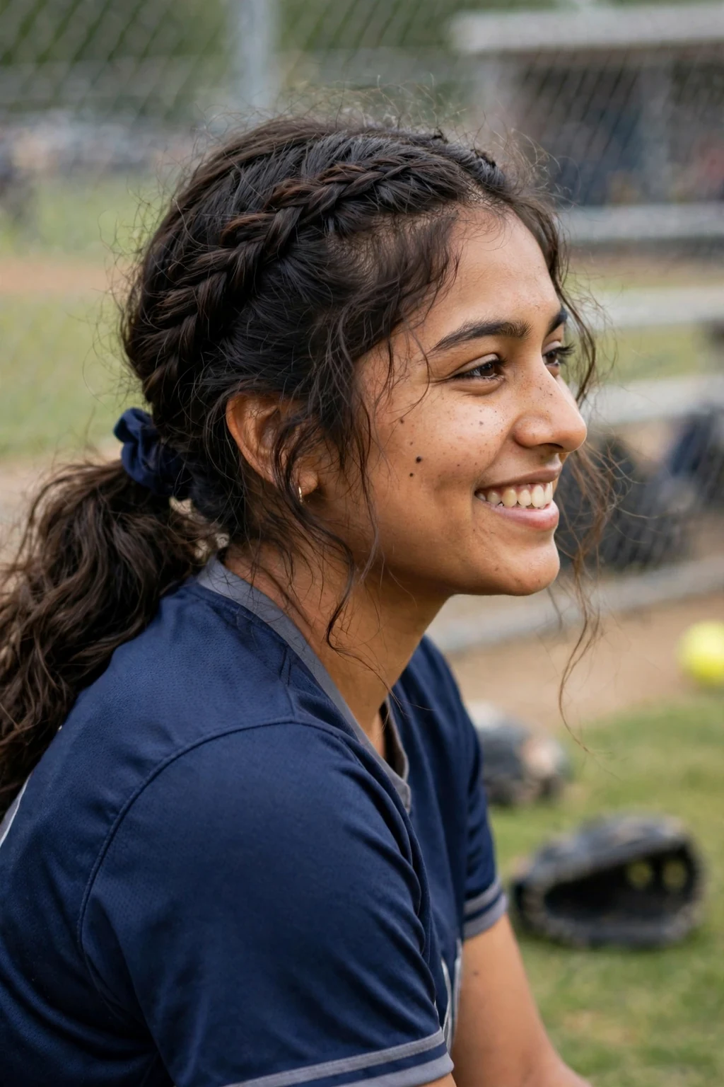 Young softball player with a twisted crown and low ponytail, smiling on the sideline.