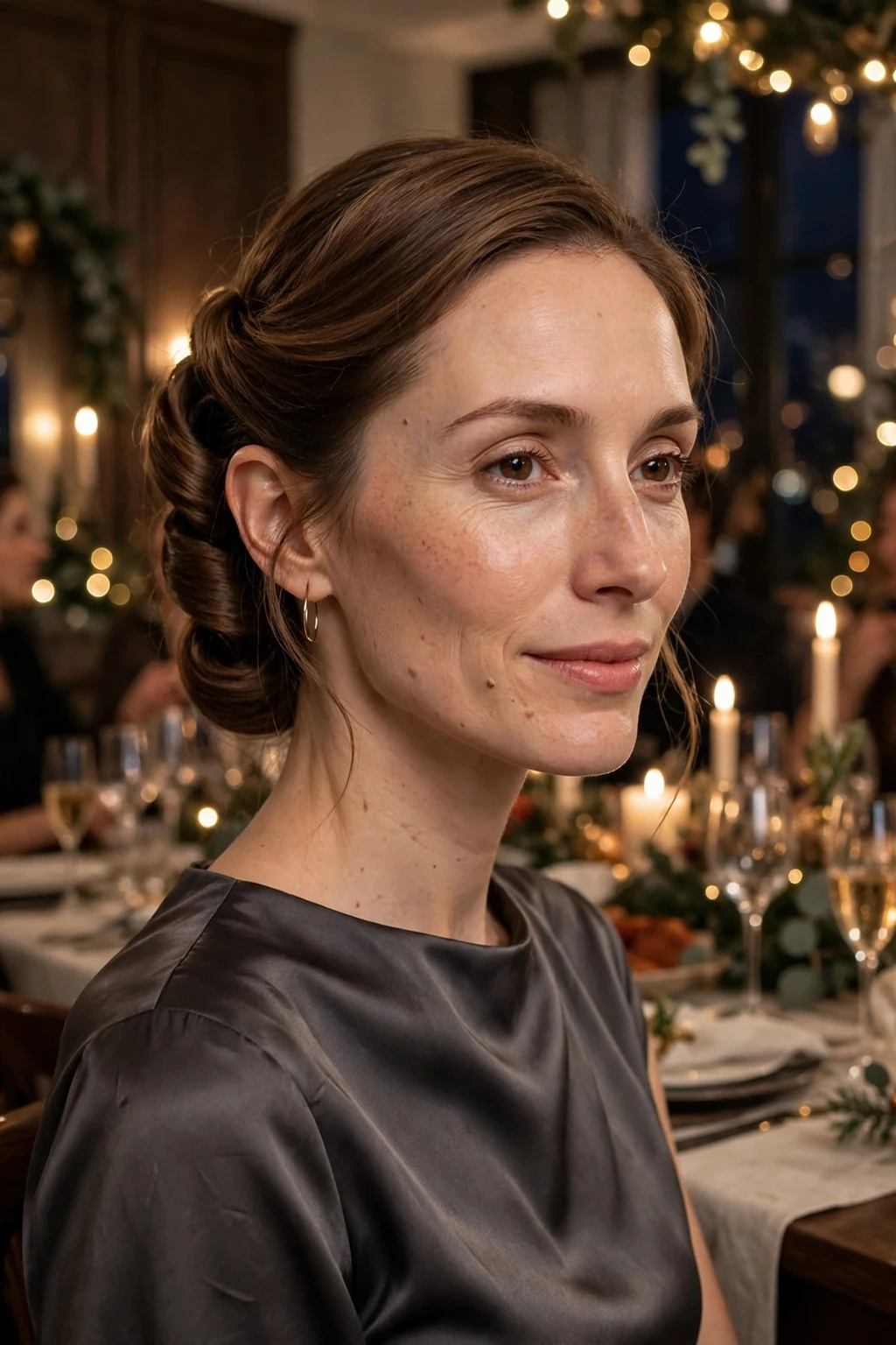Young French woman with a twisted French roll wearing a charcoal satin dress at an elegant dinner party.