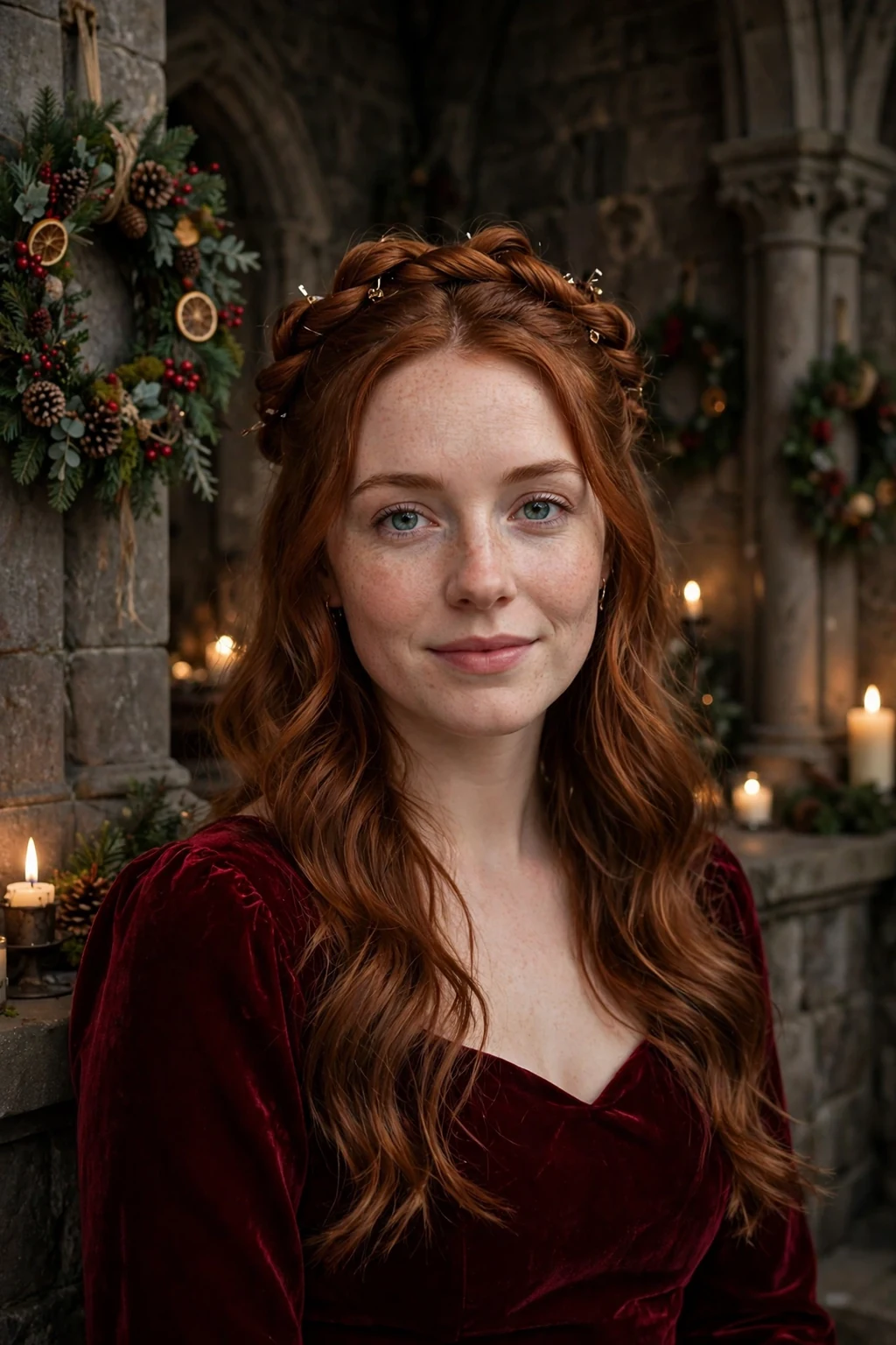 Young woman with a twisted half-up crown hairstyle at a winter celebration.