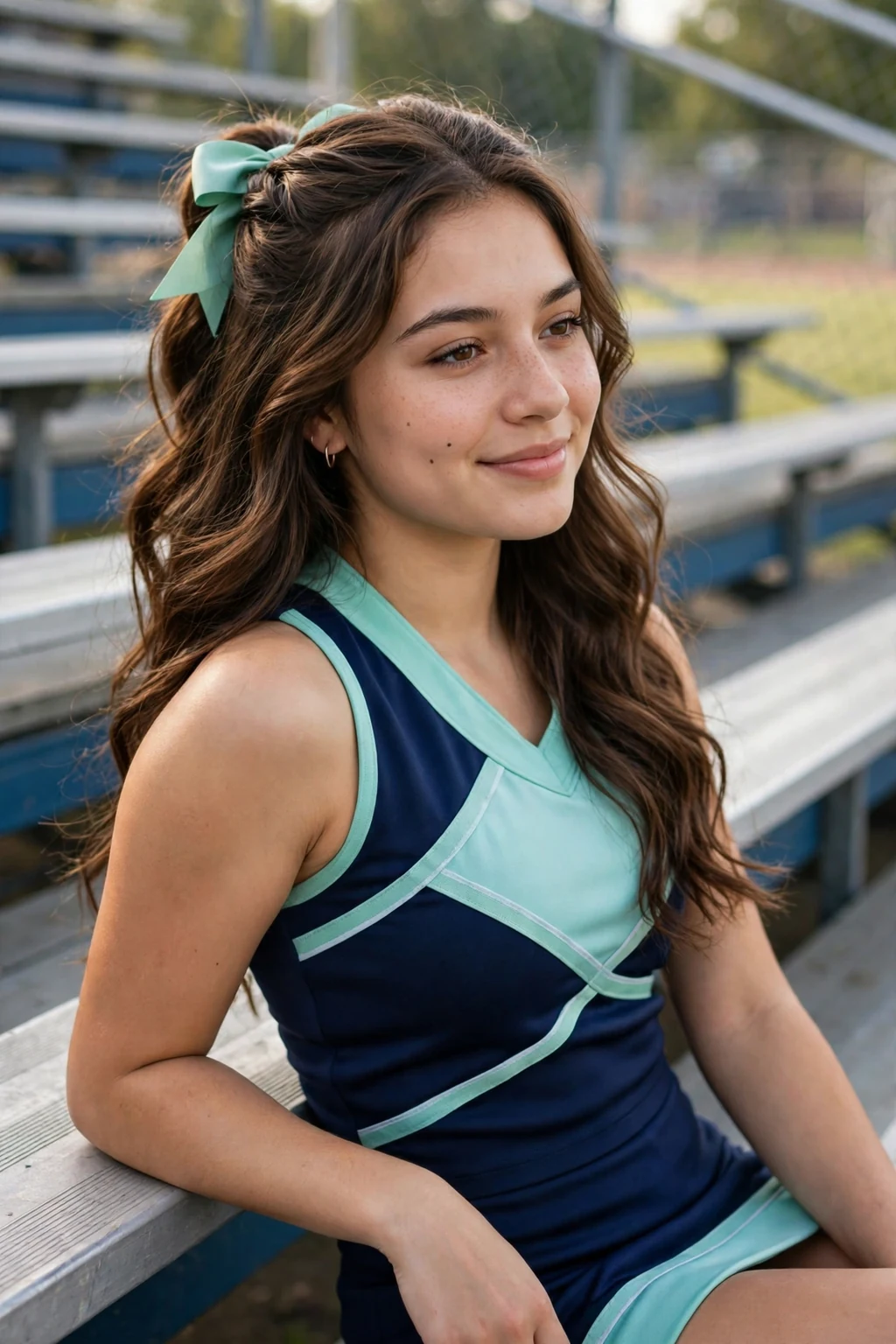 Young cheerleader with twisted half-up hair and a mint bow, sitting on bleachers.