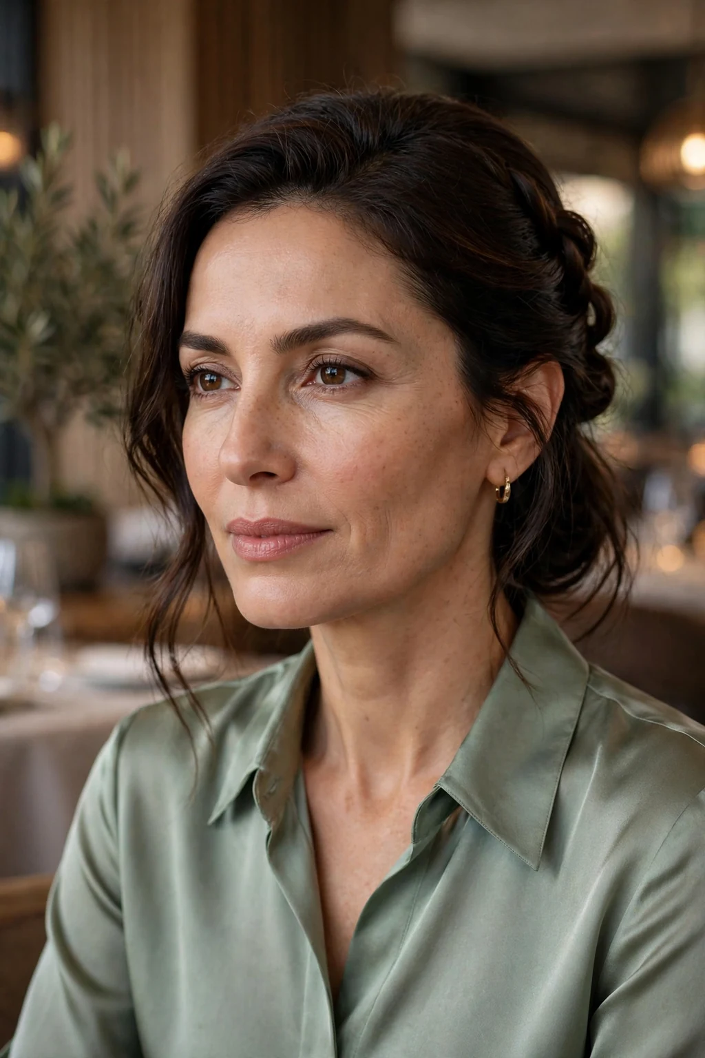 Beautiful woman with half-up with twist, elegant twisted half-up, refined light.