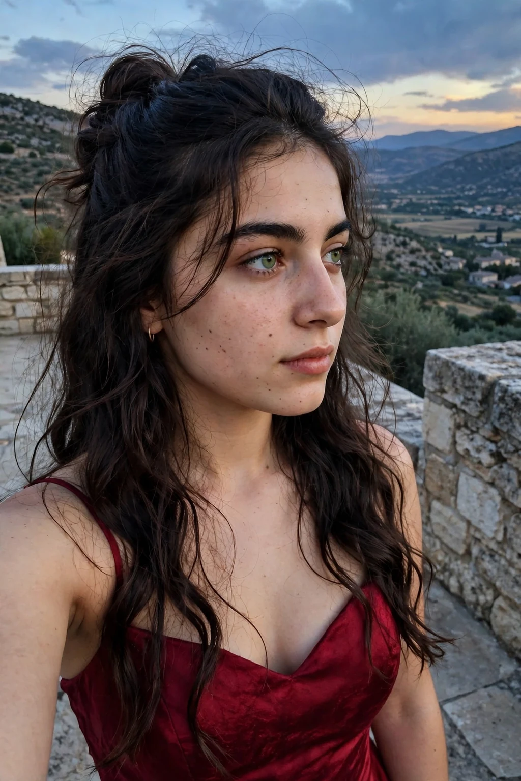 A young woman with long hair in a twisted half-updo with crown volume.