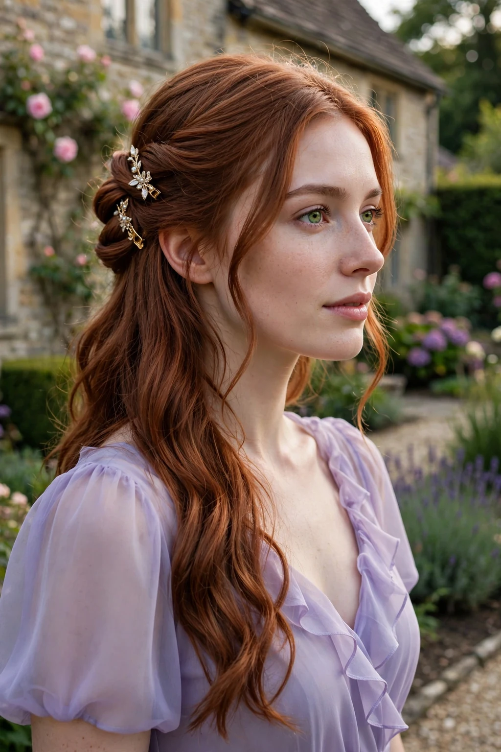 Young woman with a twisted half-updo with decorative clips at a wedding, wearing a lavender dress.