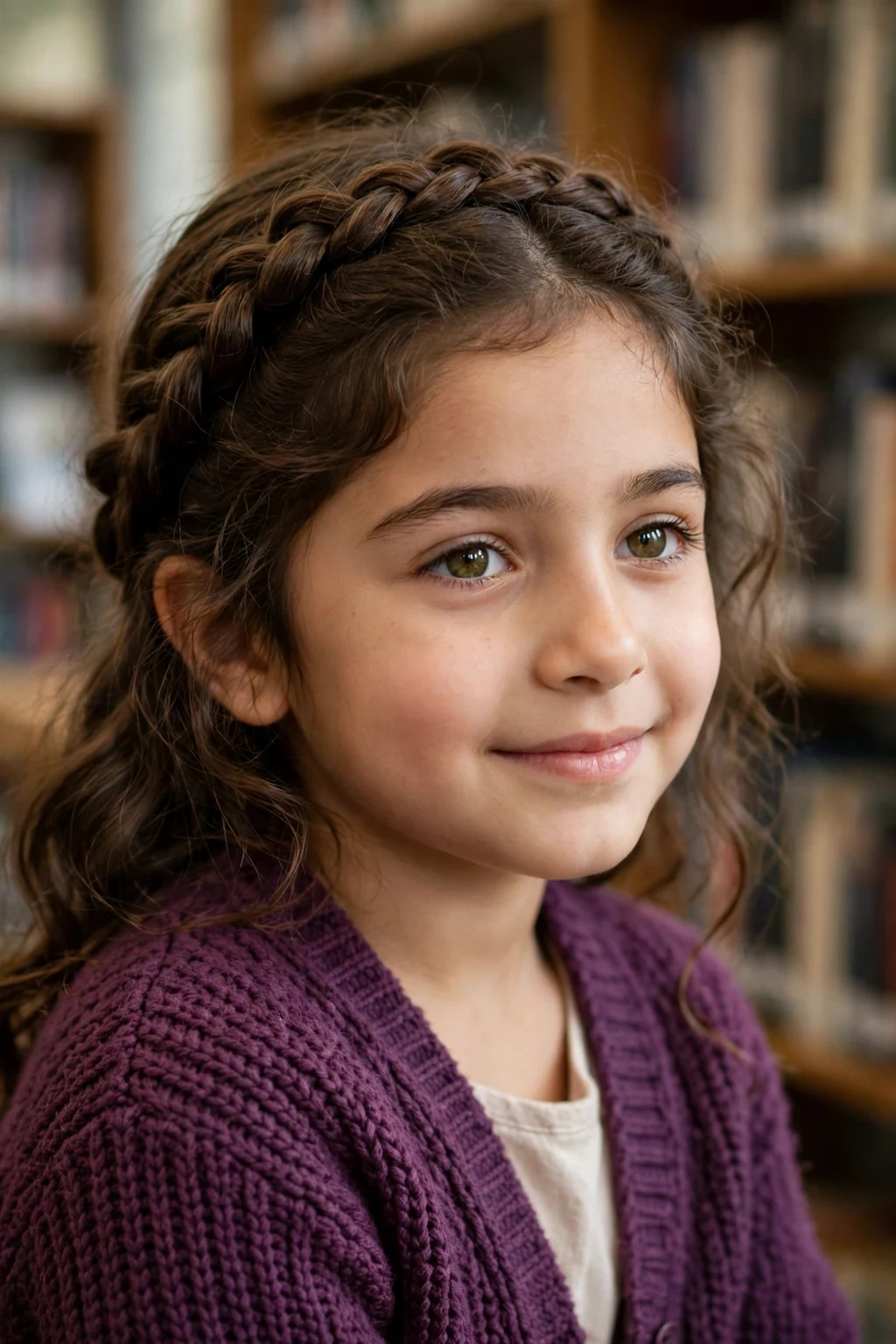 A young girl with a twisted halo hairstyle framing her face in a library.