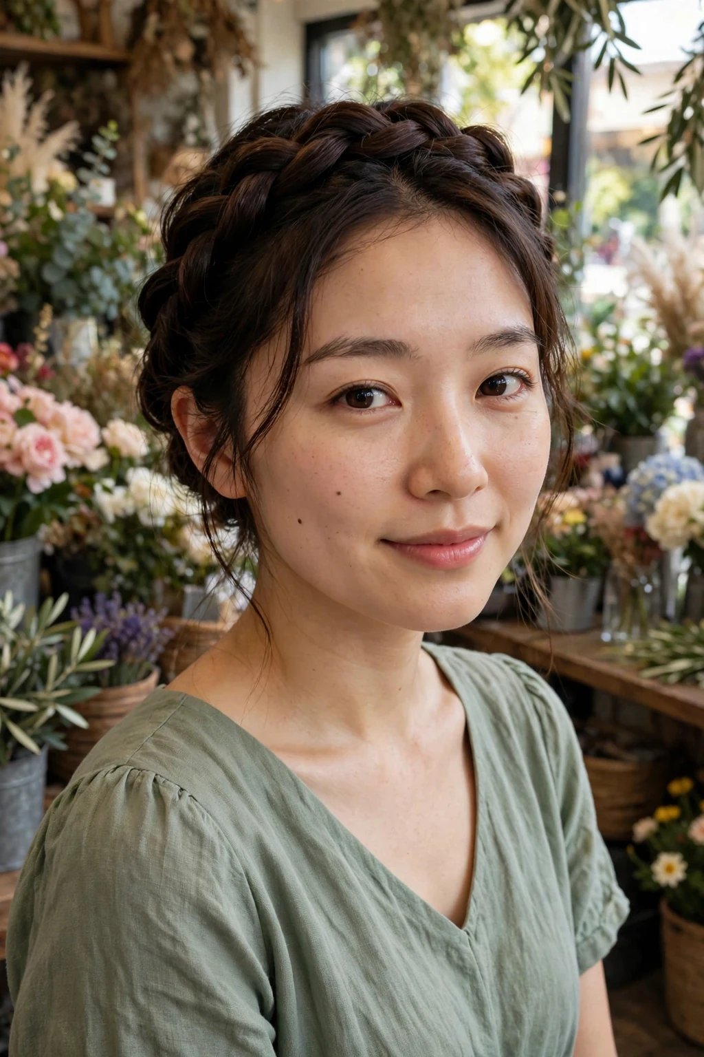 Young woman with a twisted halo braid, wearing a sage green dress in a flower shop.