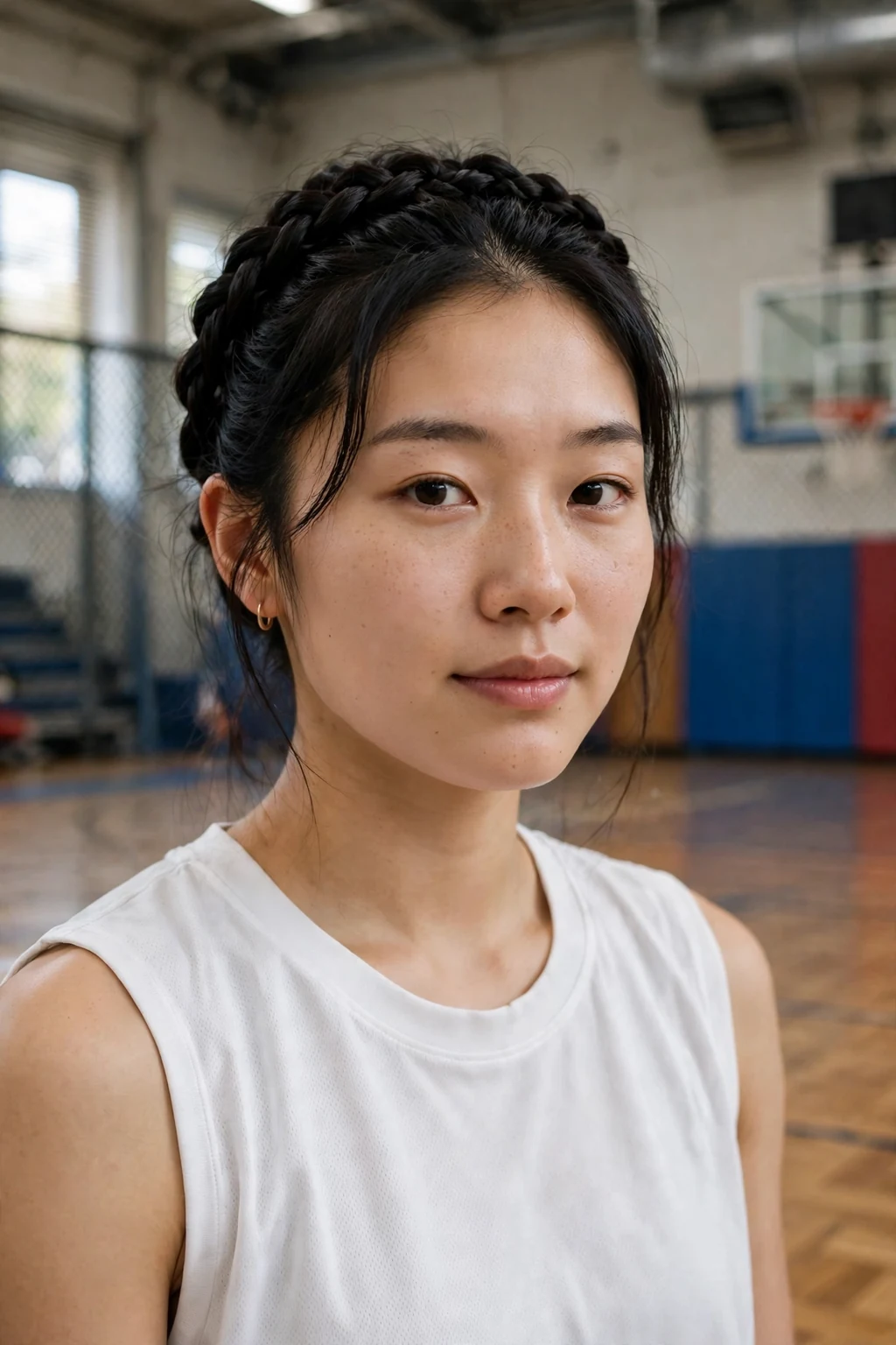 Young woman athlete with a twisted halo crown, wearing a white jersey.