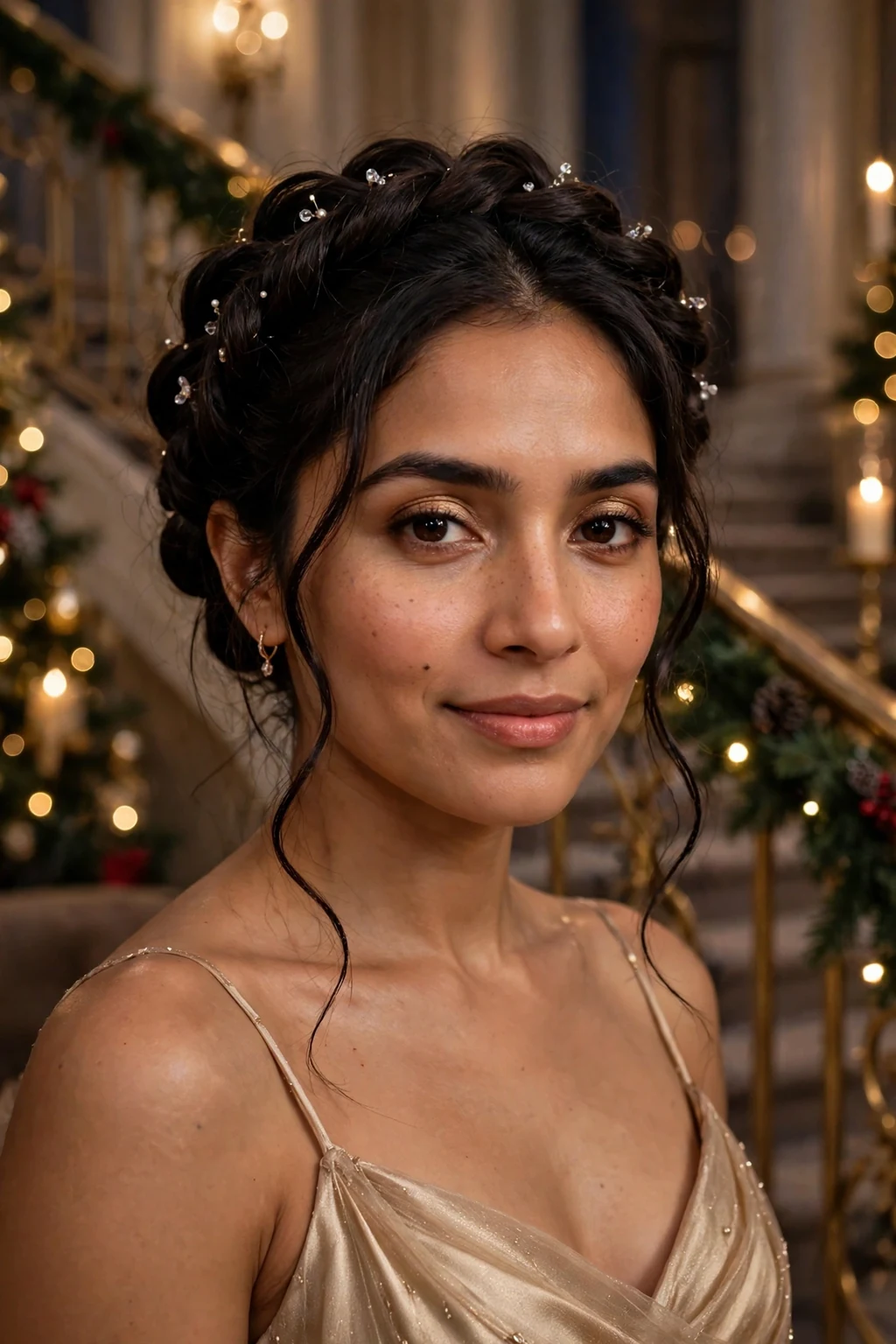 Young woman with a twisted halo updo, wearing a champagne gold dress.