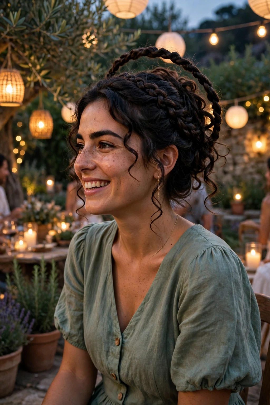 Young woman with a twisted halo updo at an evening garden party, wearing a sage green dress.