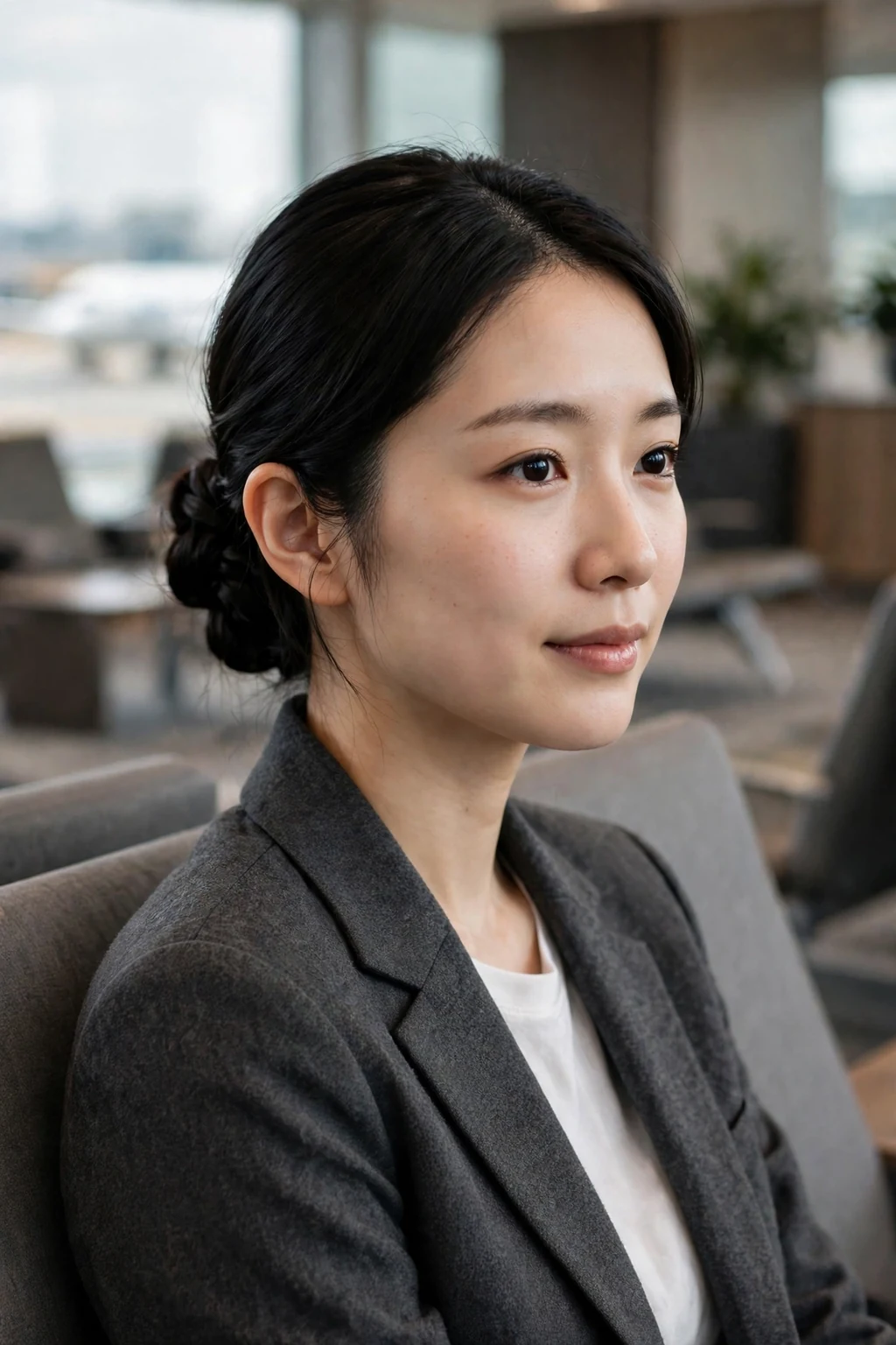 Young woman with a twisted low bun hairstyle in an airport lounge, wearing a charcoal blazer.