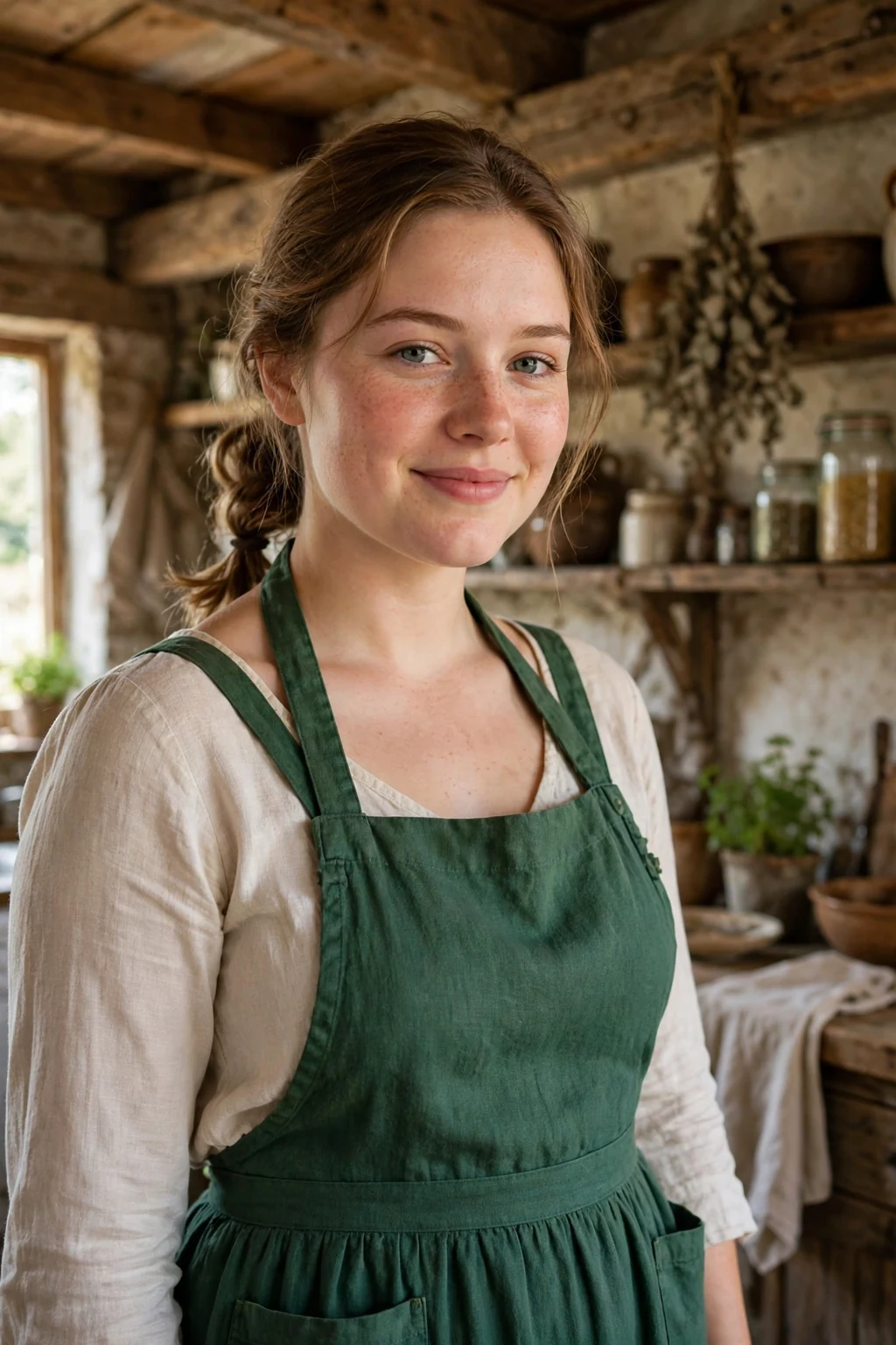 Young woman with a twisted low ponytail hairstyle in a country kitchen.