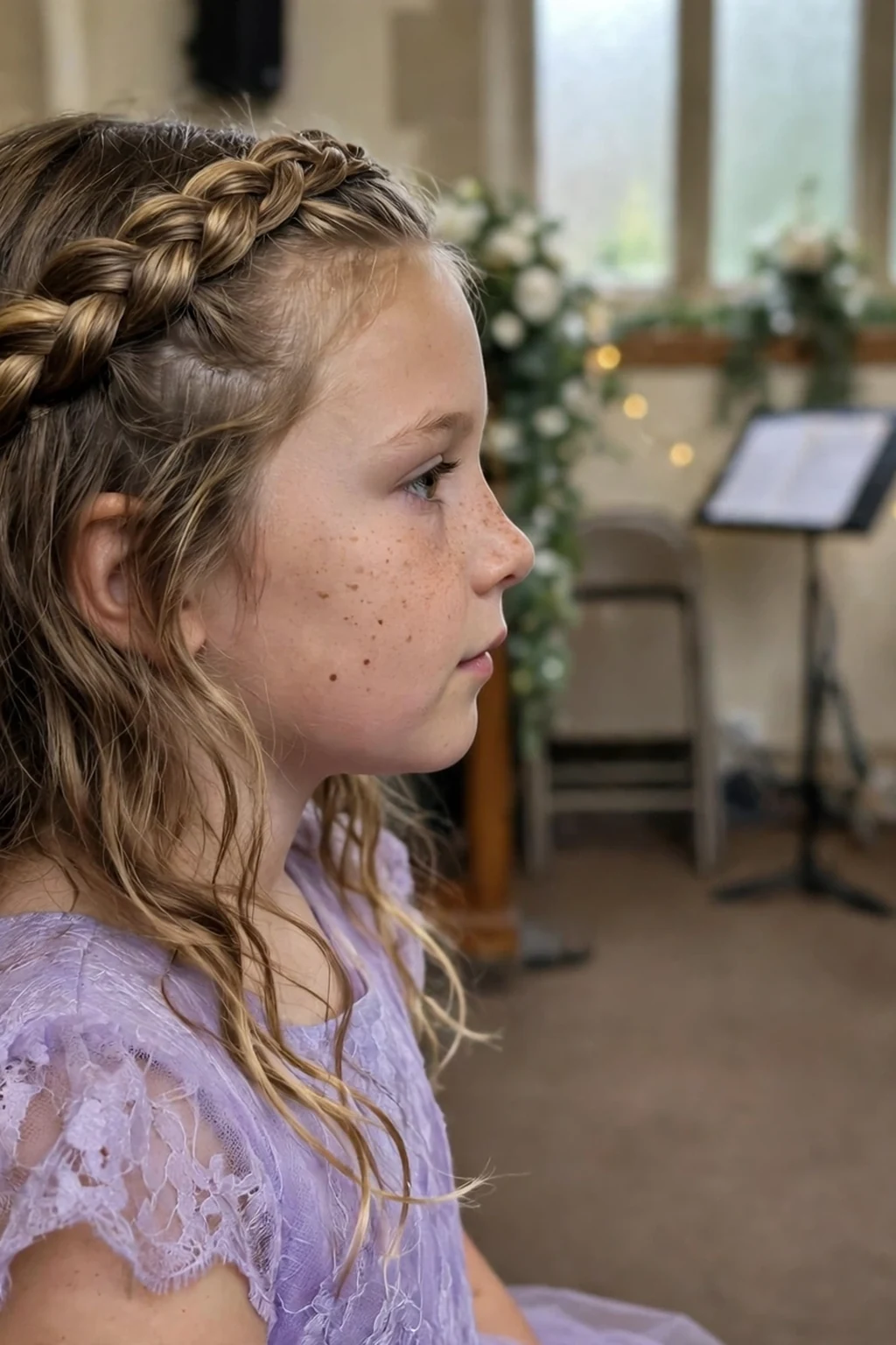 A young girl with a twisted rope braid crown and loose wavy ends, in a hall decorated for a recital.