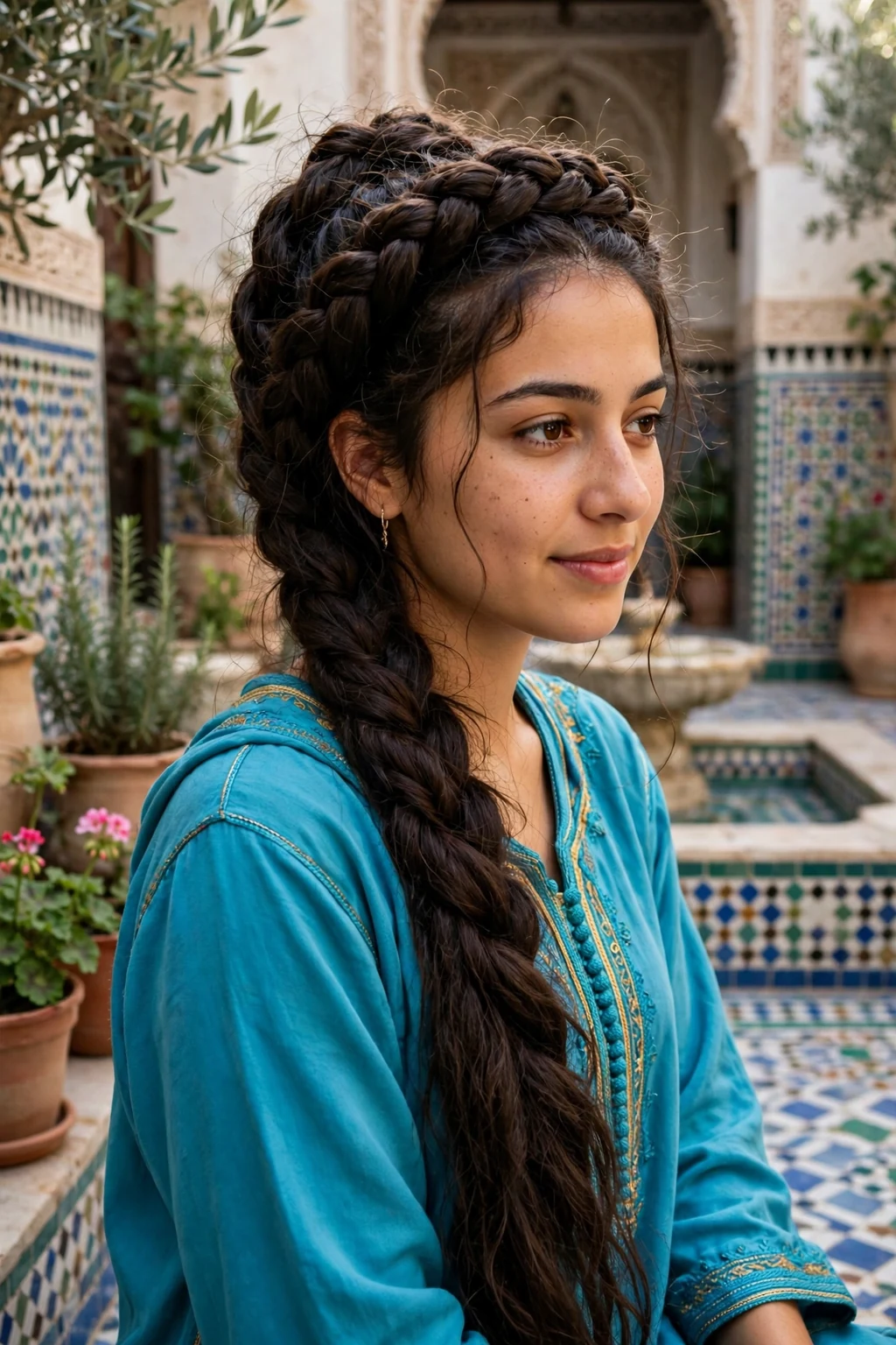 A young Moroccan woman in her mid 20s with very long dark brown hair in a twisted rope crown, wearing a turquoise kaftan-style dress in a tiled courtyard.