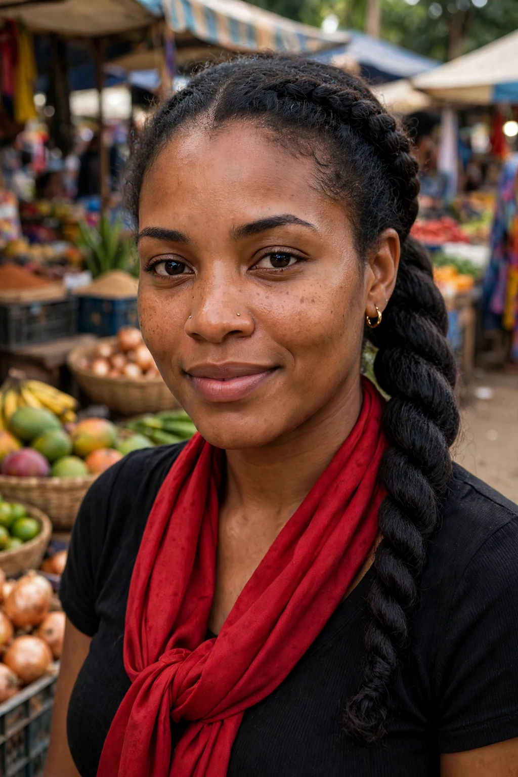 Young woman with a twisted rope ponytail, wearing a black top with a scarlet scarf at a night market.