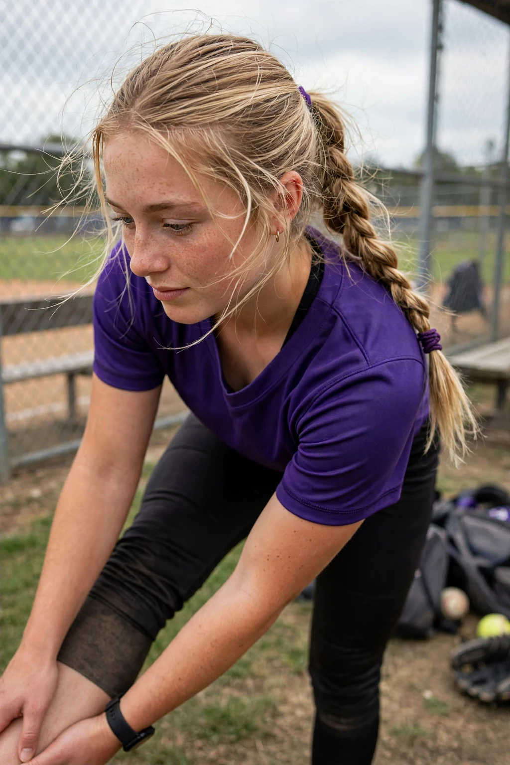 Young softball player with a twisted rope ponytail, stretching before the game.