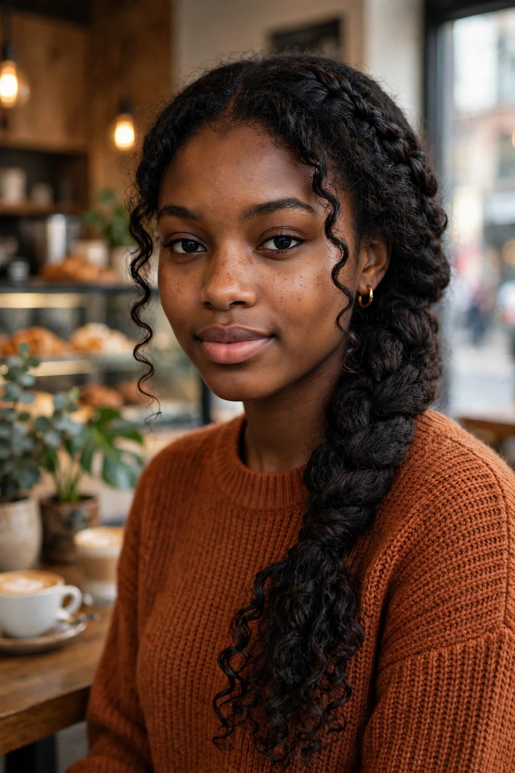 A young woman with a twisted side braid, wearing a rust sweater in a coffee shop.