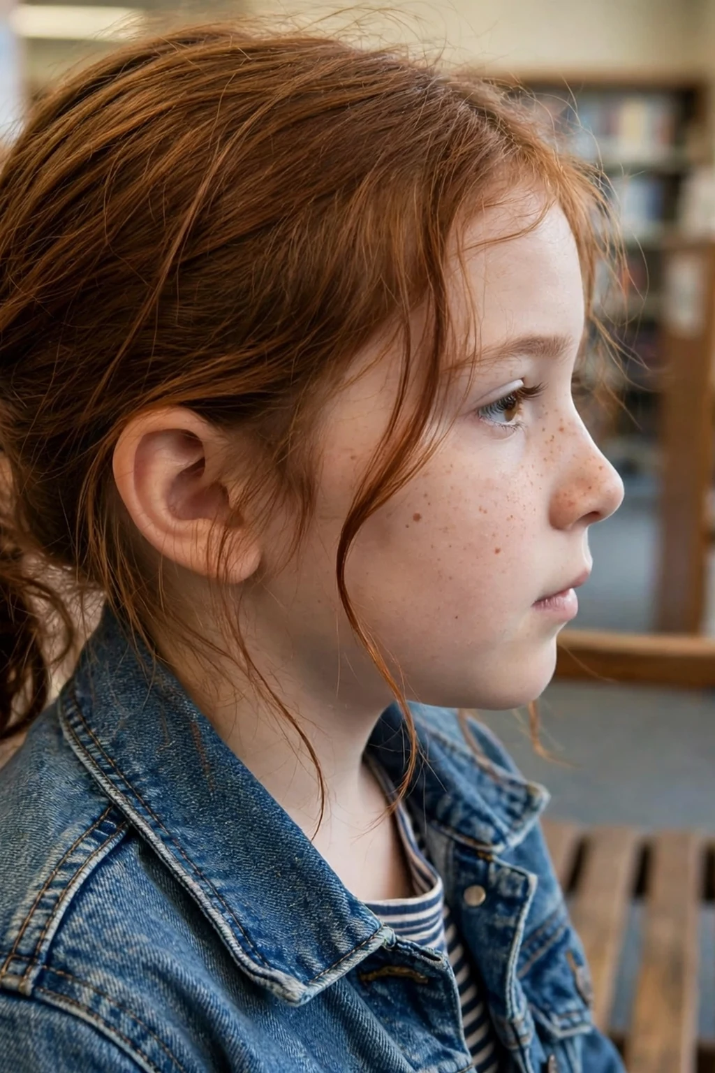 A young girl with a twisted side ponytail and soft face-framing strands, sitting on a bench in a library.