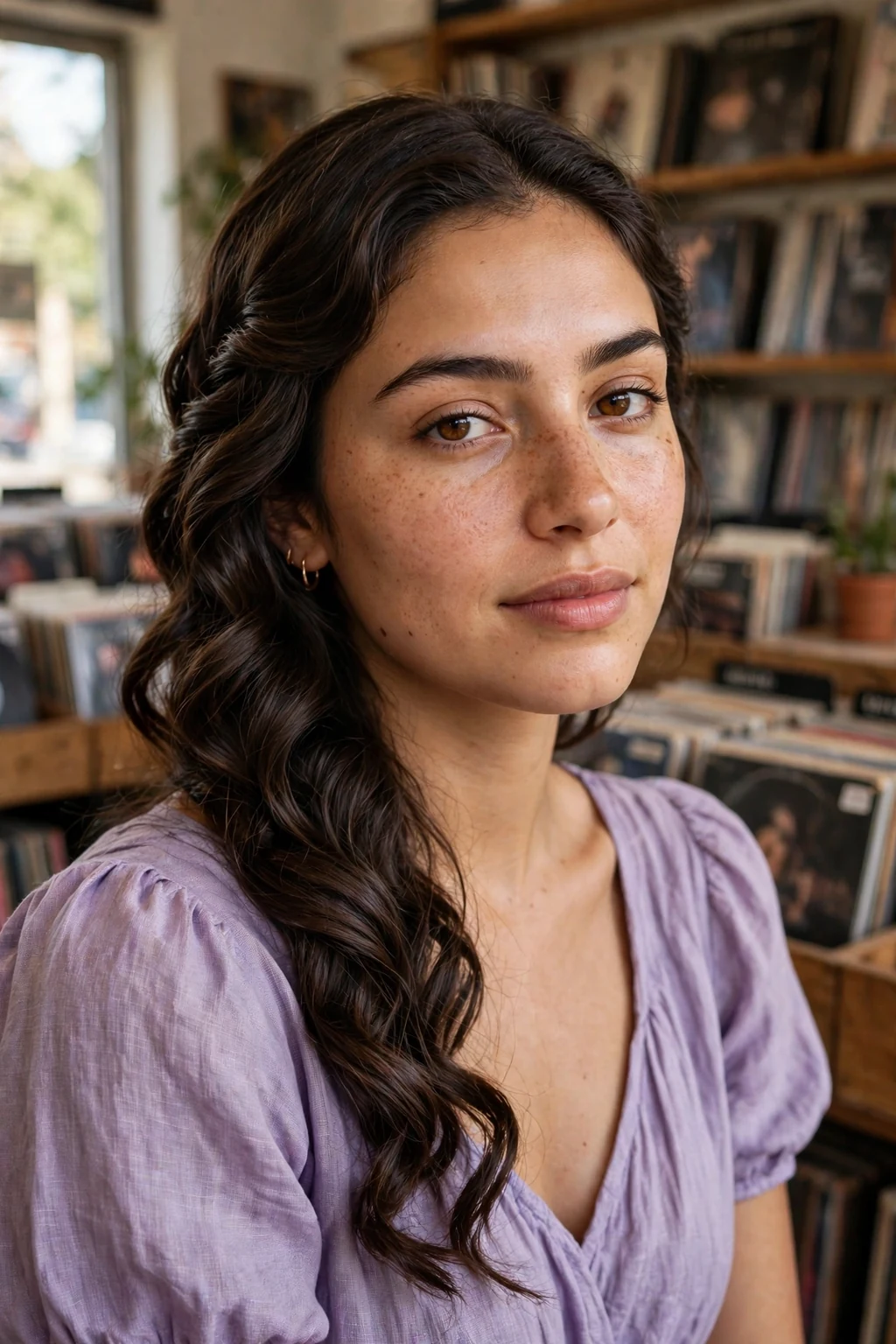 Young woman with twisted side-swept waves, wearing a lavender dress in a record store.