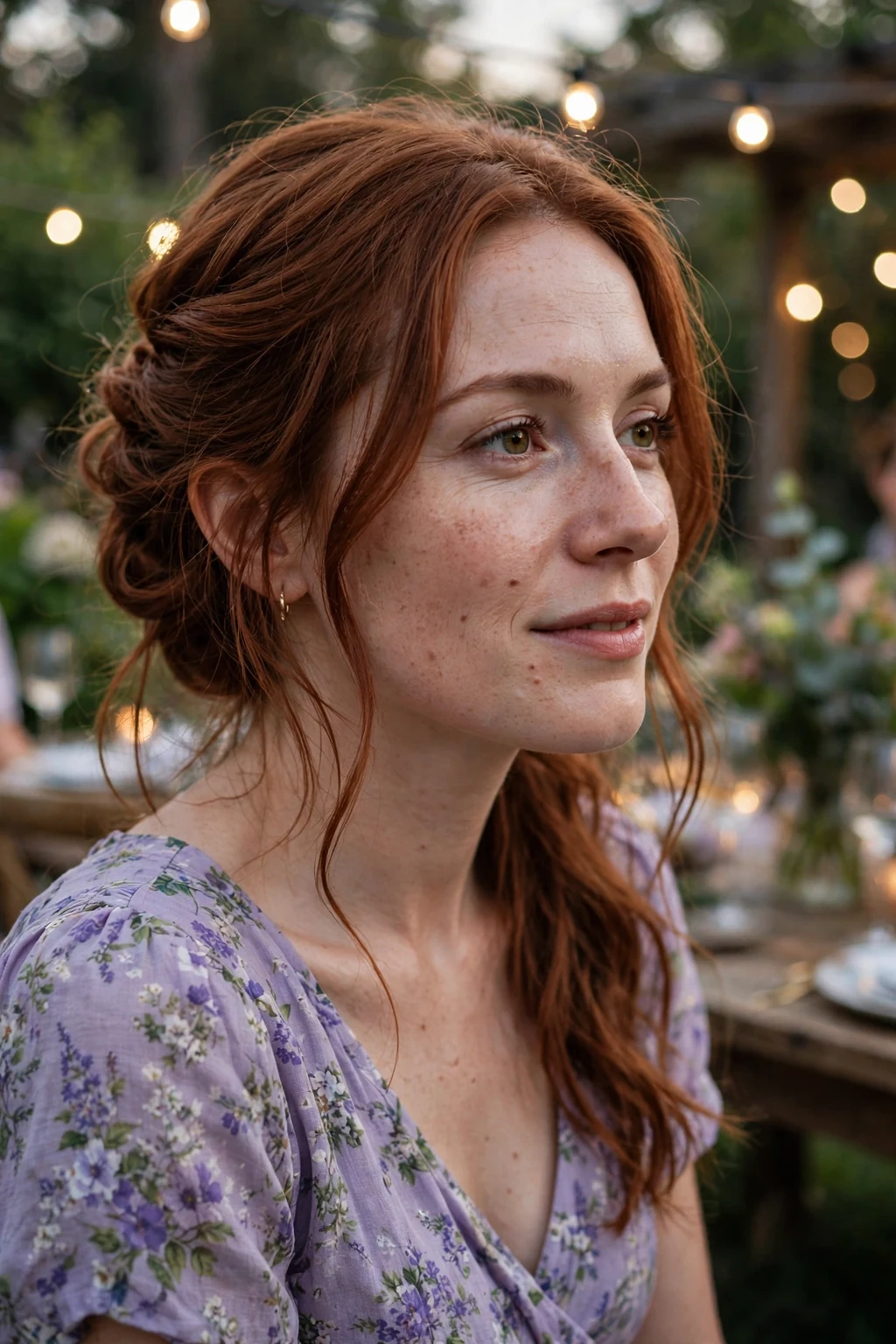 A young woman with a twisted side updo swept to one side, elegant asymmetrical finish, in a garden party setting.